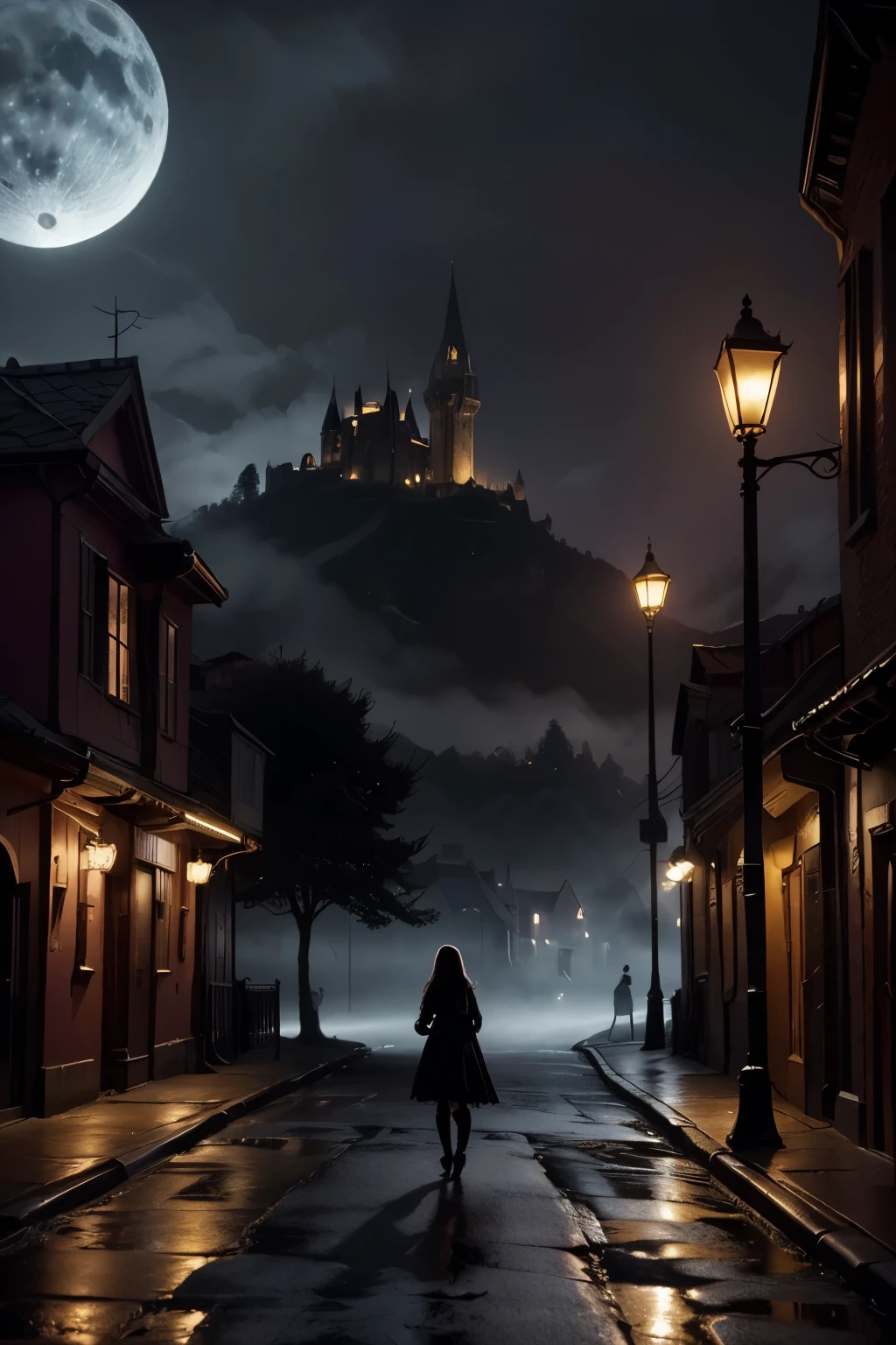 dreamlike fantasy landscape, a surreal , whimsical castle in the distance, 1girl, detailed face, beautiful eyes, long hair, detailed dress, walking through the mystical scenery, (best quality,4k,8k,highres,masterpiece:1.2),ultra-detailed,(realistic,photorealistic,photo-realistic:1.37),fantasy,surreal,dreamscape,magical,ethereal,glowing,vibrant colors,dramatic lighting, Dark gloomy street of mystic ancient town, nighttime, after the rain, (glowing fog)1,2, muted colors, vintage, aesthetic, (Dark Fantasy)0,9, Otherworldly, Surreal, 16K, dreamy, dark mode, Starlight0,9, moonlight, Ambrotype, beautiful, masterpiece, highest quality, There is a black flower on the damaged road，crescent moon，town，The light is dark，gothic style (best quality),（intricate details), (8k）
