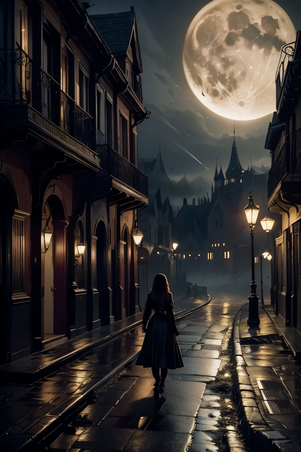 dreamlike fantasy landscape, a surreal , whimsical castle in the distance, 1girl, detailed face, beautiful eyes, long hair, detailed dress, walking through the mystical scenery, (best quality,4k,8k,highres,masterpiece:1.2),ultra-detailed,(realistic,photorealistic,photo-realistic:1.37),fantasy,surreal,dreamscape,magical,ethereal,glowing,vibrant colors,dramatic lighting, Dark gloomy street of mystic ancient town, nighttime, after the rain, (glowing fog)1,2, muted colors, vintage, aesthetic, (Dark Fantasy)0,9, Otherworldly, Surreal, 16K, dreamy, dark mode, Starlight0,9, moonlight, Ambrotype, beautiful, masterpiece, highest quality, There is a black flower on the damaged road，crescent moon，town，The light is dark，gothic style (best quality),（intricate details), (8k）
