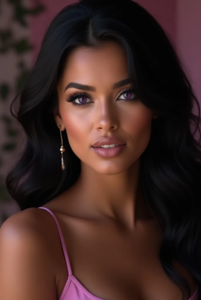 1 woman, background is snowy day, wearing beautiful lilac dress, detailed facial features, feminine dark brown eyes, detailed black skin, long curly black hair, dramatic lighting, cinematic composition, warm palette, sunlight, dark colors, atmospheric haze, thin chin, soft face, strong and beautiful woman, adult woman, ultra realistic, adult man (best quality, 4K, 8K, high resolution, art: 1.2), ultra detailed (realistic, photorealistic, photorealistic: 1.37)