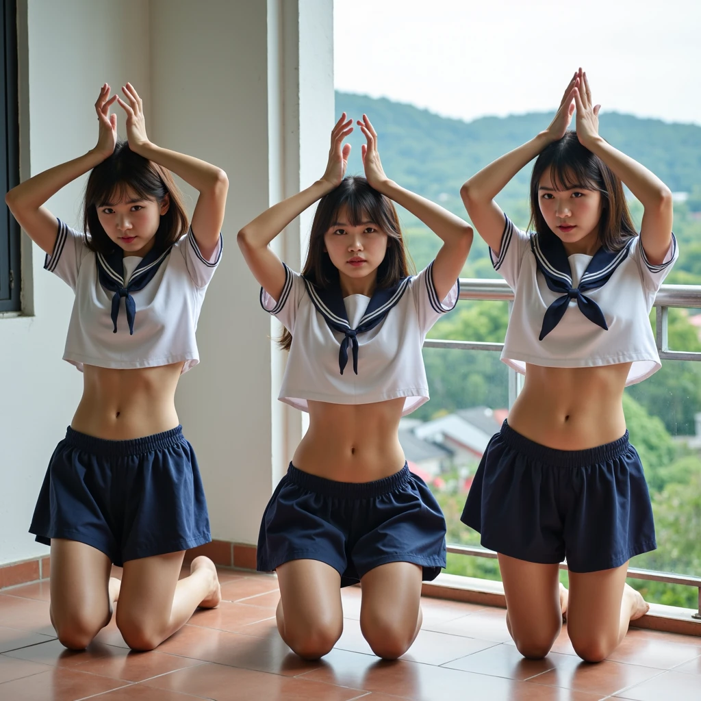Three fourteen year old students wearing sleeveless school dress and shorts are in punishment with their arms completely raised above their heads in classroom.