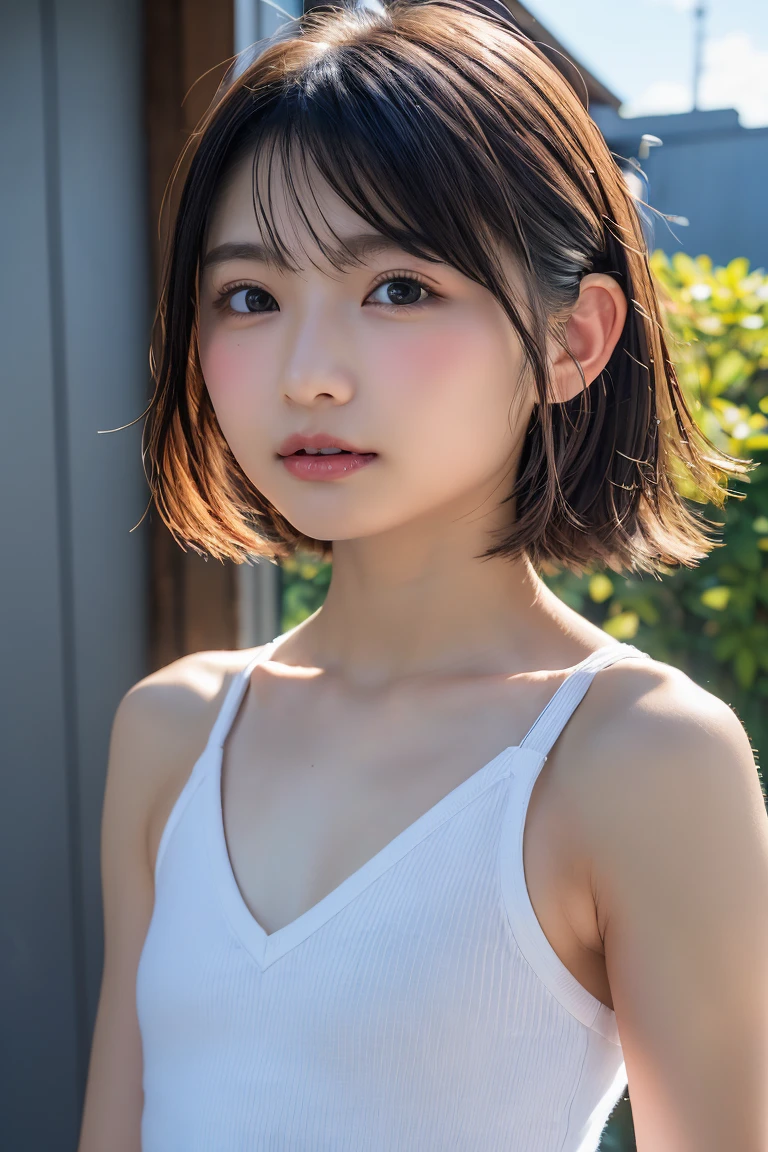 , Solo, (Japan schoolgirl), (bobcut), cleavage, small face, (sleepy eyes),(embarrassed expression),white skin,swimsuit,slender face,narrow eyes,double eyelids,sexy pose,very cute