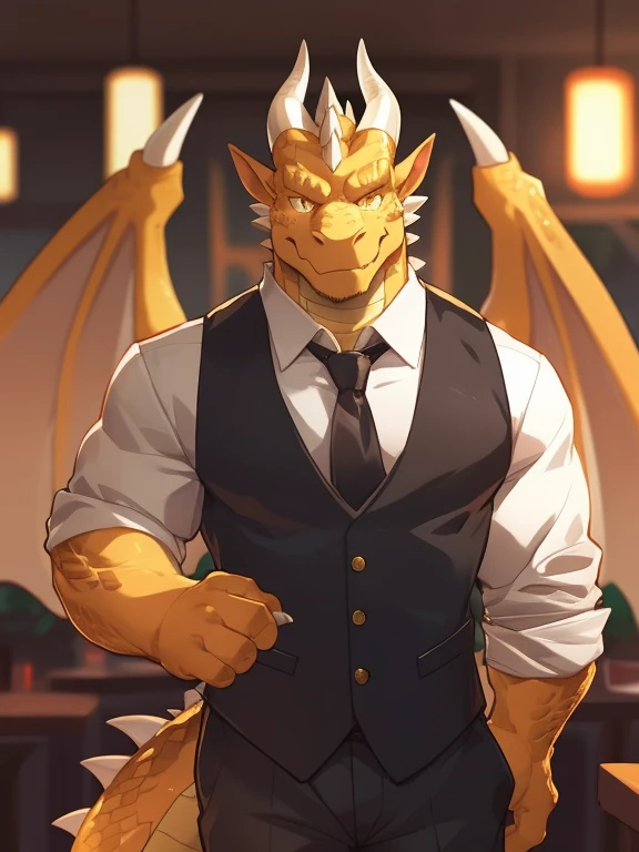 Buff gay dragon looking at his phone while rubbing his dick