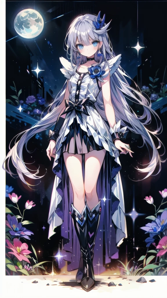 (High-definition CG), (Best Quality),((full body))， 1 girl,Alone, cure moonlight，sidelocks, hair ornament, blue rose, wrist cuffs, ribbon, single elbow glove, boots, eyelashes, serious， spats，Purple Hair， black choker ,  earrings for a woman alone, Blue Flower, Magical Girl, Waist Bow , Cure Moonlight Dress,  jewelry, flower,  Wrist Cuffs ,   Single Elbow Glove,  boots, eyelash, perfect face,  shiny skin,  wide hips, thin waist,Knee-high  boots， elbow bag, 1 girl, Long Hair, 