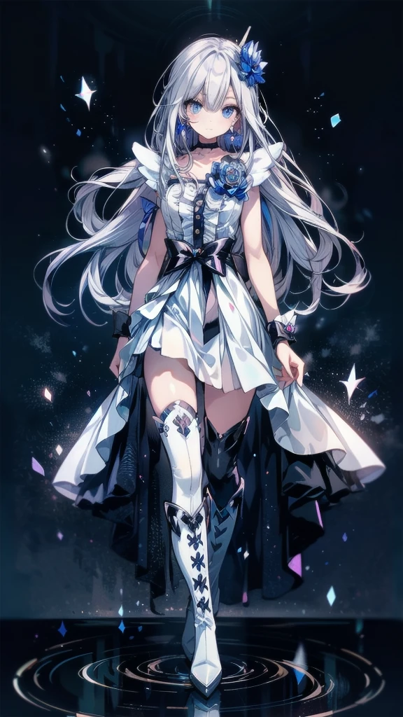 (High-definition CG), (Best Quality),((full body))， 1 girl,Alone, cure moonlight，sidelocks, hair ornament, blue rose, wrist cuffs, ribbon, single elbow glove, boots, eyelashes, serious， spats，Purple Hair， black choker ,  earrings for a woman alone, Blue Flower, Magical Girl, Waist Bow , Cure Moonlight Dress,  jewelry, flower,  Wrist Cuffs ,   Single Elbow Glove,  boots, eyelash, perfect face,  shiny skin,  wide hips, thin waist,Knee-high  boots， elbow bag, 1 girl, Long Hair, 