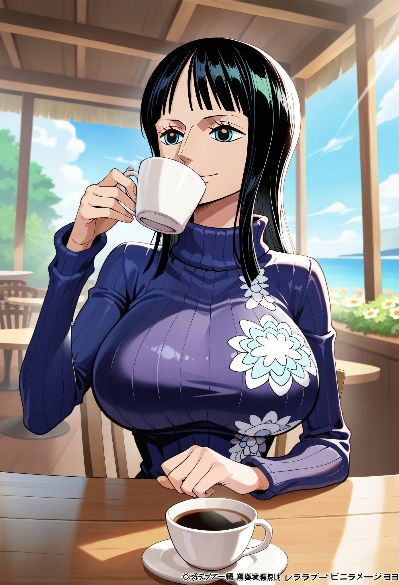 masterpiece, best quality, amazing quality, official art,1girl, solo,nico robin\(one piece\),large breasts, beige ribbed sweater, looking at another, cafe, coffee, drinking, smile