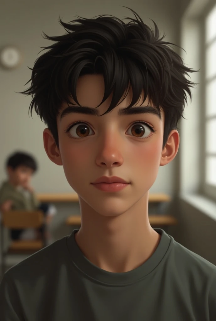 A boy, classroom in Brazil, t-shirt, talking to teacher, happy, perfect quality, clear focus (clutter - house: 0.8), (masterpiece: 1.2) (realistic: 1.2) (bokeh) (best quality) (detailed skin: 1.3) (intricate details) (8K) (detail eyes) (sharp focus), (happy), full body, clean background, long vision composition, 85MM SHOT