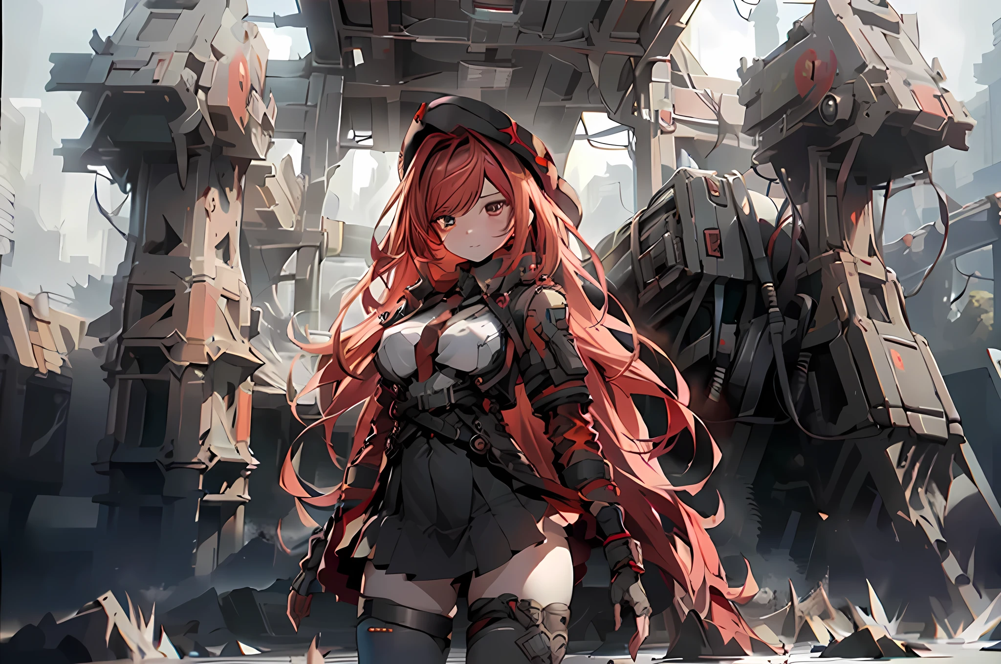 ((Best quality)), ((masterpiece)), (detailed:1.4), 3D, an image of a beautiful cyberpunk female, long burning red hair, burning hair, Red Glowing eyes, Red Trailing Eyes, Black Barret Hat, Red Soldier Shirt, White undercloth, black panty, black skirt, black thick boot, long black kneesock, Grenade belt, Big chest, Big thigh, High thigh black knee sock, full view of girl, battlefield background, black combat boot, red necktie, black glove, White combat suit, black panty, ammo belt, HDR (High Dynamic Range),Ray Tracing,NVIDIA RTX,Super-Resolution,Unreal 5,Subsurface scattering,PBR Texturing,Post-processing,Anisotropic Filtering,Depth-of-field,Maximum clarity and sharpness,Multi-layered textures,Albedo and Specular maps,Surface shading,Accurate simulation of light-material interaction,Perfect proportions,Octane Render,Two-tone lighting,Wide aperture,Low ISO,White balance,Rule of thirds,8K RAW,