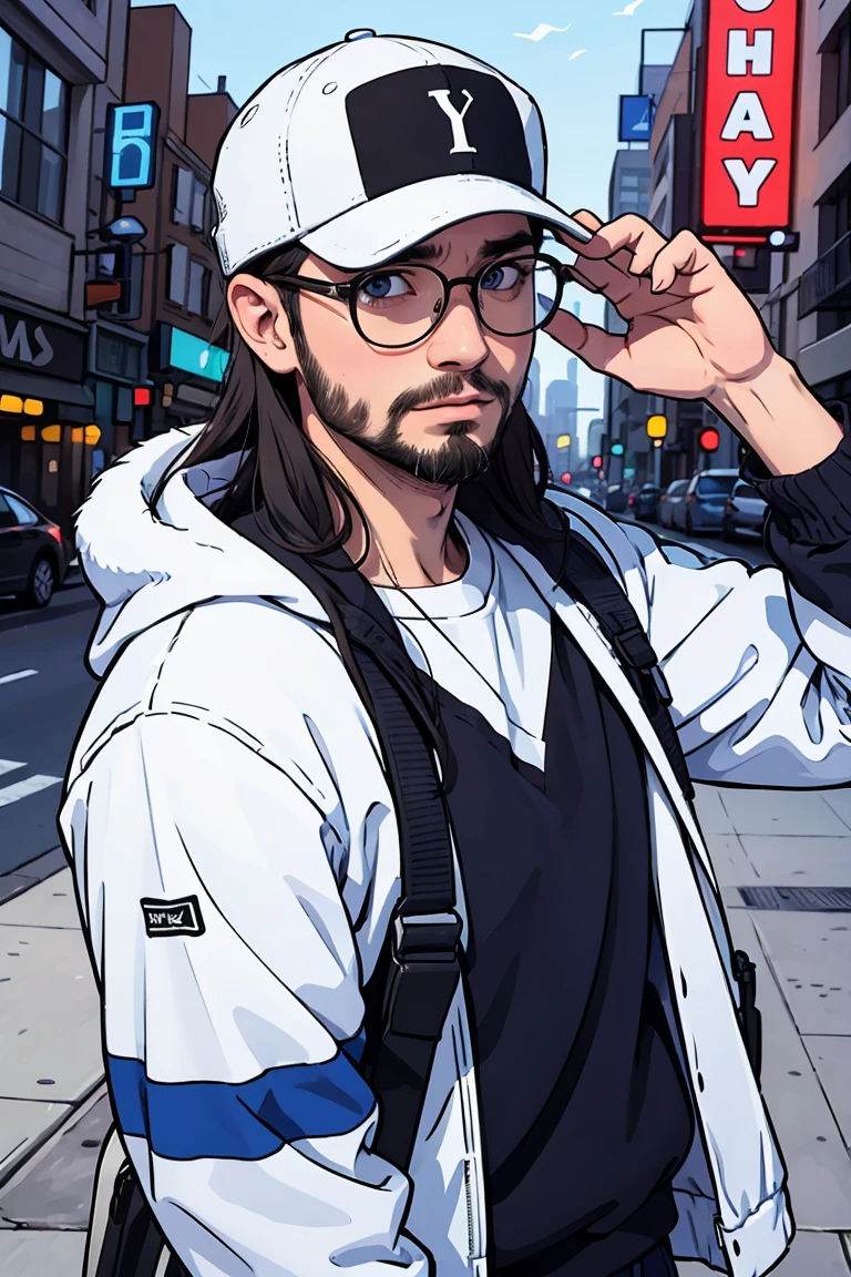 40 years old man with backwards NYC cap, blue eyes, eskimo, short beard, round glasses, middle long hair.