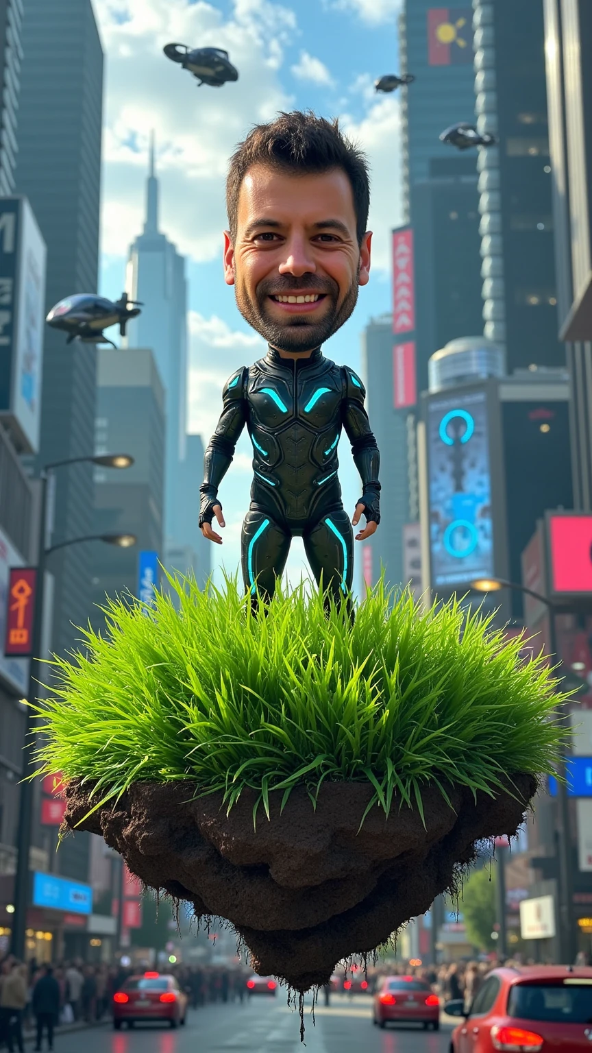 A vibrant green planet hovers in the sky of a futuristic cityscape. The planet's surface is covered in lush, detailed grass textures, creating a striking contrast against the technological backdrop. The surrounding environment features sleek skyscrapers, flying vehicles, and holographic advertisements illuminating the scene with their neon glow.
Standing atop this miniature floating planet is a man with an exaggeratedly large head - approximately twice the normal size - but rendered in hyper-realistic detail. His facial features are meticulously detailed, showing every pore, wrinkle, and expression with photorealistic quality. His eyes might have a subtle technological enhancement, perhaps a faint glow or cybernetic pattern.
The man wears futuristic attire with sophisticated technological elements - perhaps subtle glowing lines, holographic details, or advanced materials that shimmer with an otherworldly quality. His normal-sized body stands in sharp contrast to his oversized head, creating a striking caricature effect while maintaining the hyper-realistic rendering.
Key elements to emphasize:

Contrast between the natural, green planet and the futuristic cityscape
Ultra-detailed, photorealistic rendering of the man's oversized head
Futuristic clothing and technological enhancements on the figure
Ambient lighting from the city's neon signs and holograms
Clean, sophisticated futuristic architectural elements in the background

The overall aesthetic should blend photorealistic detail with caricature proportions, creating a surreal yet believable scene in this advanced technological setting.