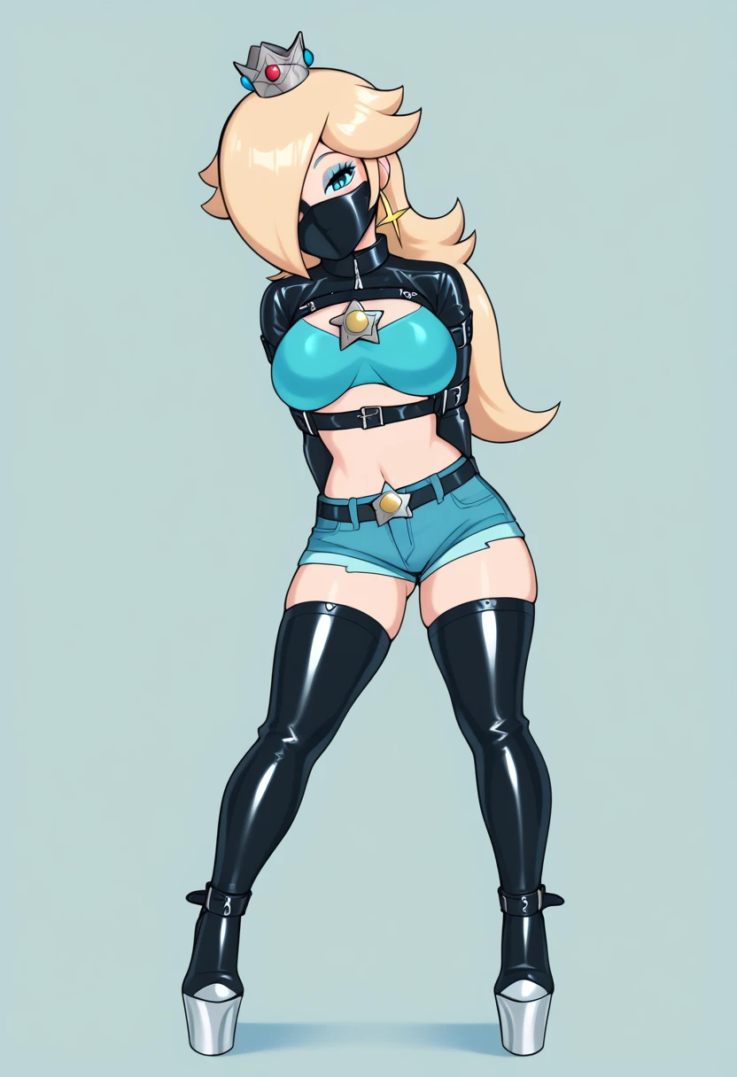 score_9, score_8_up, score_7_up, 1girl (Rosalina, from super mario lore, , wearing top blue bikini, wearing blue jean shorts, platform heels) flirt, gaze, sexy look, half-closed eyes, head tilt, makeup, (full bodies in view) expressiveh d4rk01l, perfect hands, perfect proportions, simple background. standing,  belt bondage, bound arms, arms behind back, legs apart, tight mask, black mask, (armbinder tied), (armbinder: 1.6), (front view), (sexy pose), (leather mask), complete body .