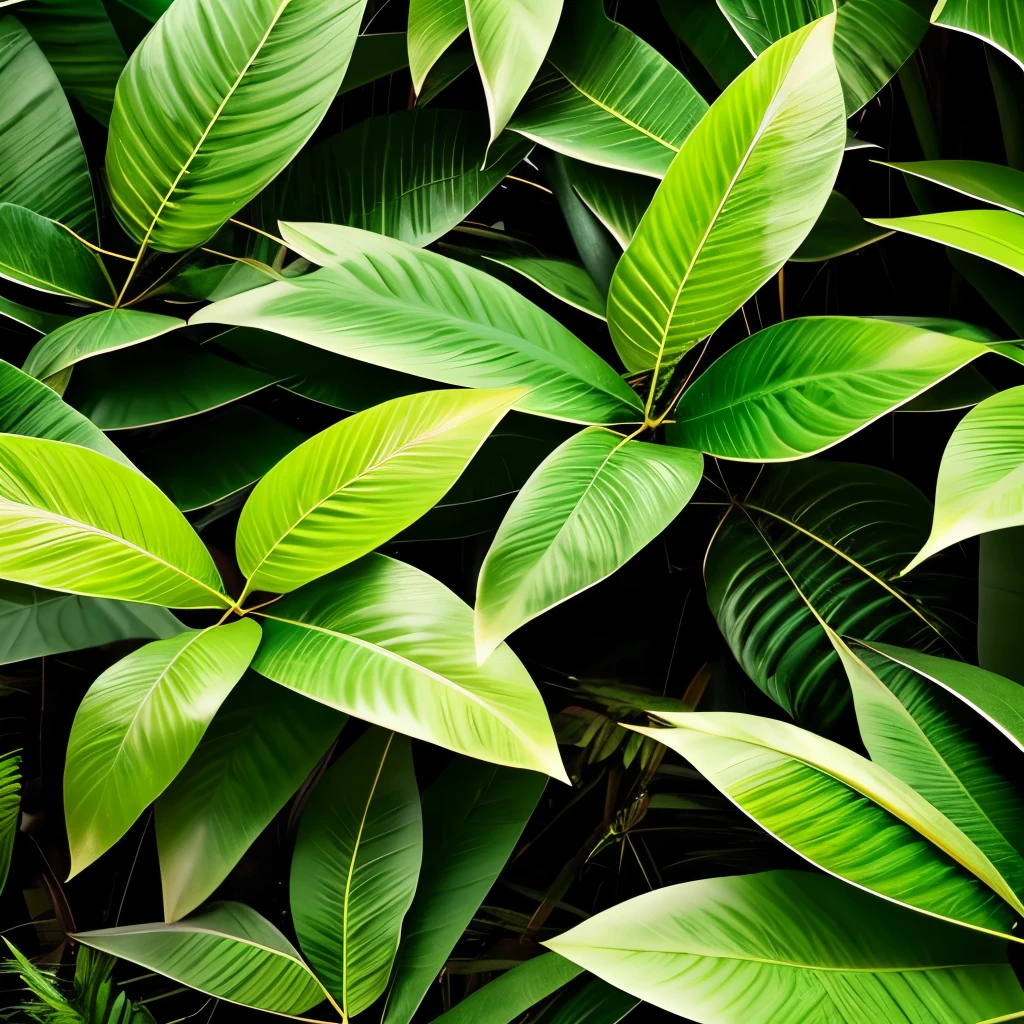 a close up of a bunch of green leaves on a black background, a picture by Adam Marczyński, trending on pexels, digital art, tropical foliage, lush plants, lush foliage, lush jungle, tropical leaves, lush greenery, lush verdant plants, dark green leaves, rich greenery, plants and jungle, botanic foliage, deep jungle texture