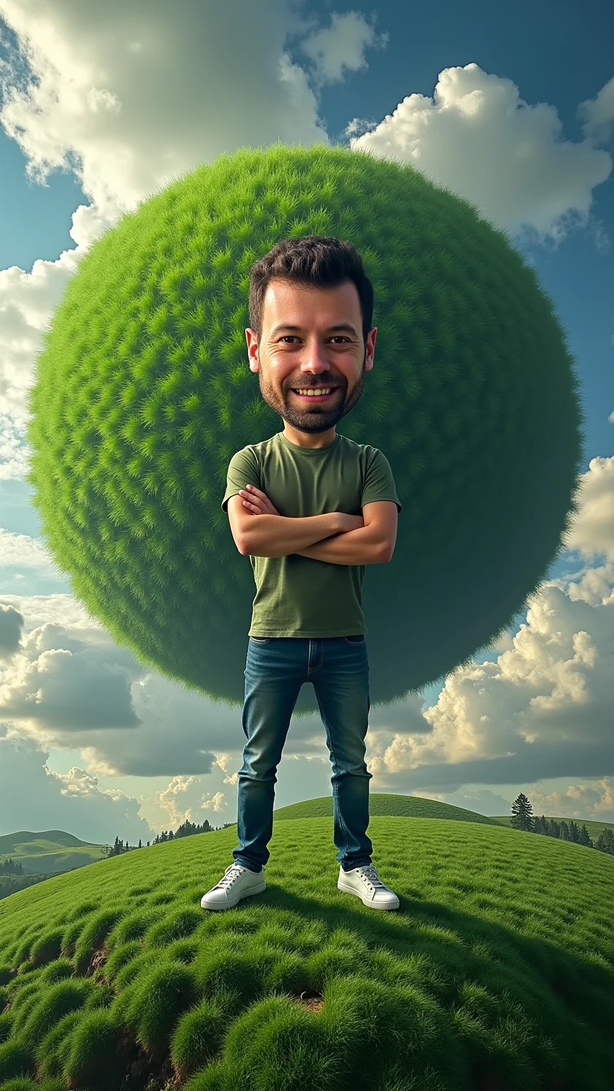 A massive, verdant planet dominates the scene, floating majestically among dramatic cloud formations. The planet's surface is covered in richly detailed grass textures, with each blade visible and creating a lush, natural carpet that extends across its spherical surface. The planet's size dwarfs the human figure standing upon it, making him appear like a tiny inhabitant on this floating green world.
Standing on this enormous grassy sphere is a man with an exaggeratedly large head - about twice the normal size of his body - rendered in hyper-realistic detail. His facial features are meticulously detailed, showing every pore, wrinkle, and expression with photorealistic quality. Despite the cartoonish proportions, his face maintains an incredibly lifelike appearance.
The man is dressed in contemporary casual wear - perhaps jeans, a simple t-shirt, and sneakers - creating an interesting contrast with the fantastical setting. His normal-sized body stands in sharp contrast to his oversized head, creating a striking caricature effect while maintaining the hyper-realistic rendering.
The background consists entirely of dramatic clouds at different depths, creating a sense of atmosphere and height. Some clouds appear closer, others farther away, adding depth to the scene.
Key elements to emphasize:

The immense scale of the green planet compared to the human figure
Ultra-detailed, photorealistic rendering of the man's oversized head
Contemporary casual clothing (nothing futuristic)
Dramatic cloud formations in the background
Rich, detailed grass textures covering the planet

The overall aesthetic should blend photorealistic detail with caricature proportions, creating a surreal yet believable scene in this dreamlike setting.