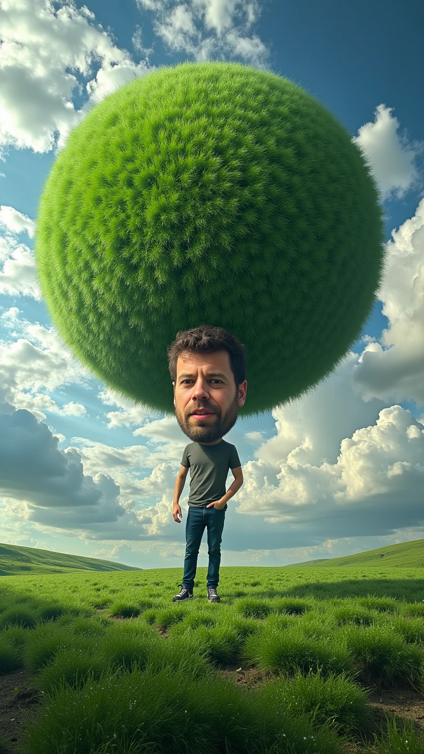 A massive, verdant planet dominates the scene, floating majestically among dramatic cloud formations. The planet's surface is covered in richly detailed grass textures, with each blade visible and creating a lush, natural carpet that extends across its spherical surface. The planet's size dwarfs the human figure standing upon it, making him appear like a tiny inhabitant on this floating green world.
Standing on this enormous grassy sphere is a man with an exaggeratedly large head - about twice the normal size of his body - rendered in hyper-realistic detail. His facial features are meticulously detailed, showing every pore, wrinkle, and expression with photorealistic quality. Despite the cartoonish proportions, his face maintains an incredibly lifelike appearance.
The man is dressed in contemporary casual wear - perhaps jeans, a simple t-shirt, and sneakers - creating an interesting contrast with the fantastical setting. His normal-sized body stands in sharp contrast to his oversized head, creating a striking caricature effect while maintaining the hyper-realistic rendering.
The background consists entirely of dramatic clouds at different depths, creating a sense of atmosphere and height. Some clouds appear closer, others farther away, adding depth to the scene.
Key elements to emphasize:

The immense scale of the green planet compared to the human figure
Ultra-detailed, photorealistic rendering of the man's oversized head
Contemporary casual clothing (nothing futuristic)
Dramatic cloud formations in the background
Rich, detailed grass textures covering the planet

The overall aesthetic should blend photorealistic detail with caricature proportions, creating a surreal yet believable scene in this dreamlike setting.