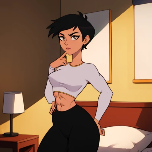 Masterpiece, Best_QualityPos, RAW photo, intricate details, best quality, 8k uhd, soft lighting, 1girl, solo, grey eyes, very short black hair, bob cut, light-skinned, short hair, standing up, beautiful female anatomy, tight long white sleeve shirt, black yoga pants, short breasts, abs , background bedroom, Lois Lane