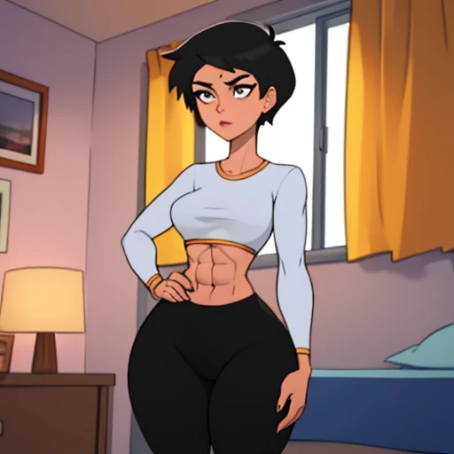 Masterpiece, Best_QualityPos, RAW photo, intricate details, best quality, 8k uhd, soft lighting, 1girl, solo, grey eyes, very short black hair, bob cut, light-skinned, short hair, standing up, beautiful female anatomy, tight long white sleeve shirt, black yoga pants, short breasts, abs , background bedroom, Lois Lane