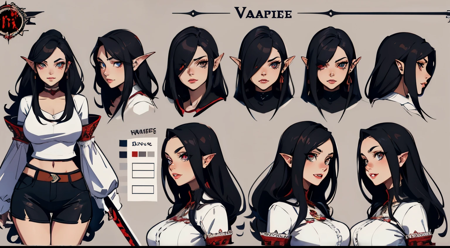Female original character reference sheet adoptable, vampire, large breasts tight fitting shirt, long black hair, red eyes, wielding a ornate sword, large vampire fangs, ripped sleeves
