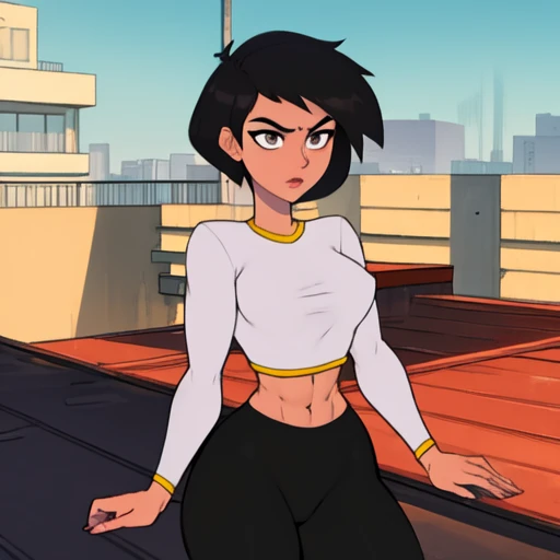 Masterpiece, Best_QualityPos, RAW photo, beautiful face, intricate details, best quality, 8k uhd, soft lighting, 1girl, solo, grey eyes, very short black hair, bob cut, light-skinned, short hair, standing up, beautiful female anatomy, tight long white sleeve shirt, black yoga pants, short breasts, abs , background: rooftop, Lois Lane