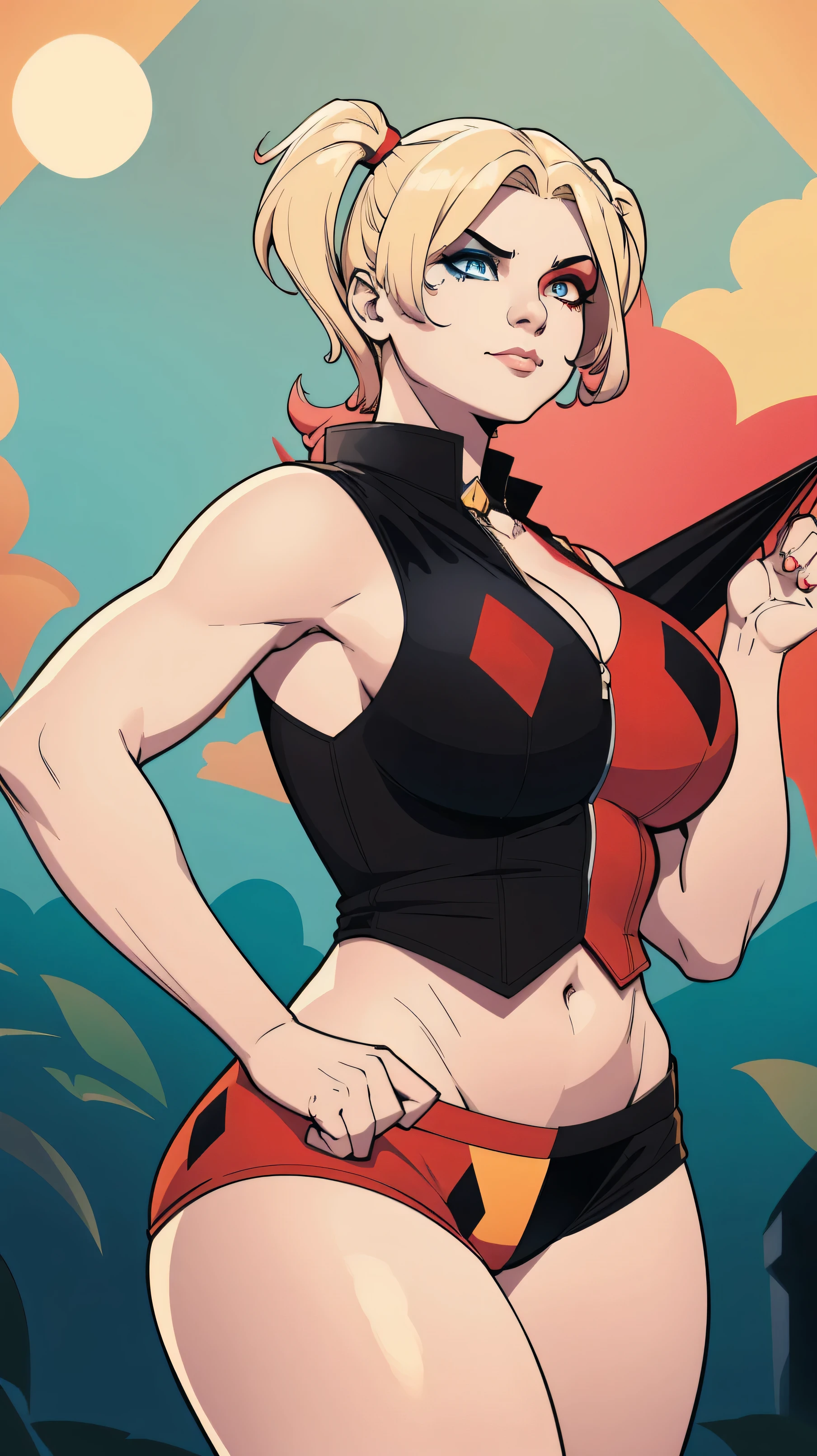 A beautiful jester girl big breasted sexy beautiful attractive yellow hair two pieces long blue wavy red side her sky blue eye wears a black bra underneath a red to black sleeveless vest and a black red shorts