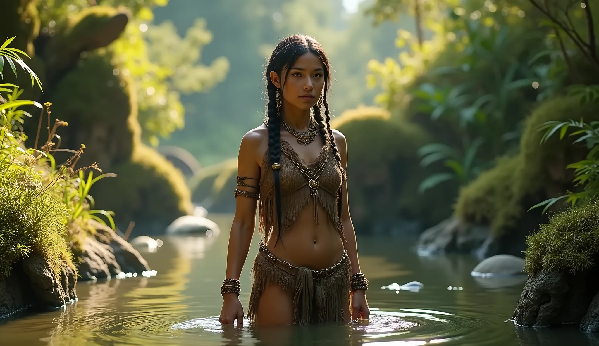a woman with long hair and feathers standing in front of a waterfall, portrait of a young pocahontas, wearing a native american choker, pocahontas, cinematic goddess shot, portrait of pocahontas, soft devil queen madison beer, cinematic beautiful natural skin, imogen poots as a holy warrior, madison beer as leeloo