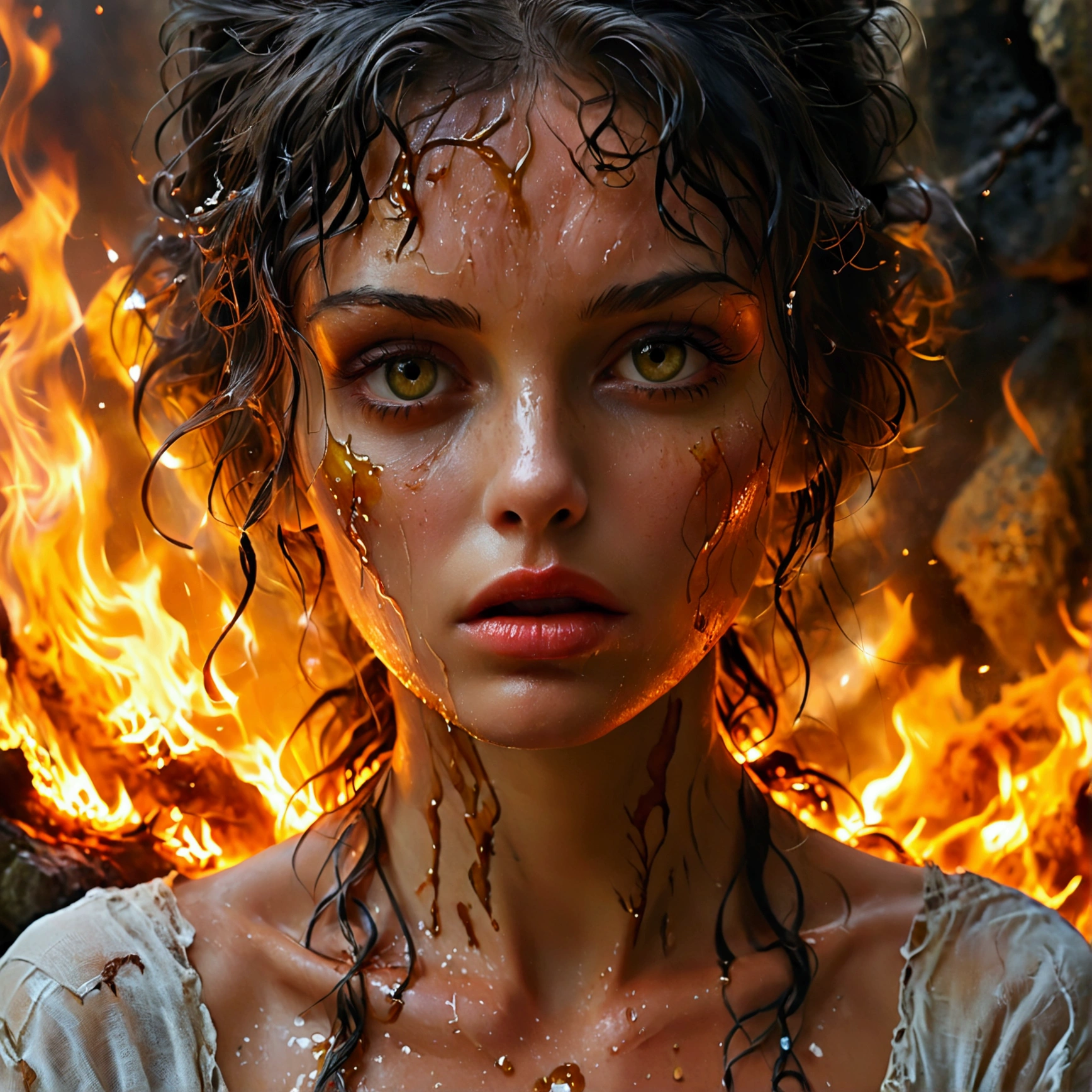 a prehistoric man dressed in animal skins, detailed charcoal drawing on a rocky wall, portrait of a woman sitting by a fire, beautiful detailed eyes, beautiful detailed lips, extremely detailed eyes and face, long eyelashes, realistic, photorealistic, photo-realistic:1.37, best quality,4k,8k,highres,masterpiece:1.2,ultra-detailed,HDR,UHD,studio lighting,ultra-fine painting,sharp focus,physically-based rendering,extreme detail description,professional,vivid colors,bokeh,dramatic chiaroscuro lighting,dramatic shadows,warm color tones,glowing embers,atmospheric,cinematic