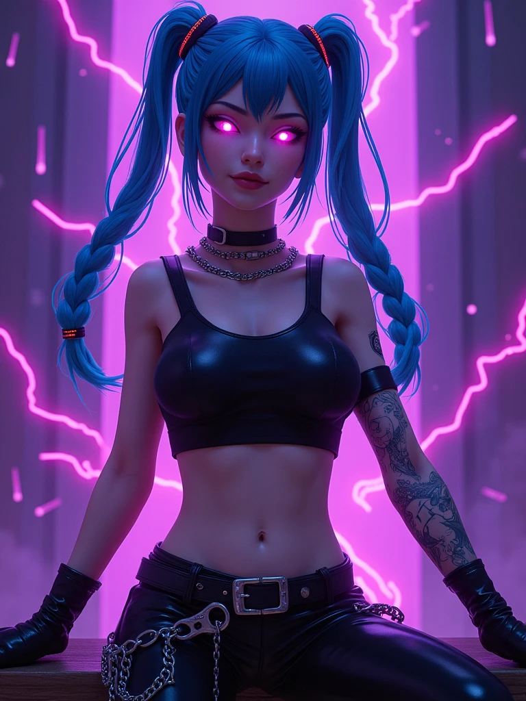 Overhead view, The camera looks at Jinx from above, Like in a computer game, Jinx's character design, Dynamic movements, Standing Half-Sideways, stands on the edge of the roof, Fantasy City, City of Piltover, the night, explosions, fire, Smoke, sparks, Purple Flashes, sexypose, Beautiful figure, Arcane's Jinx, Bright blue and purple sparks all around, glowing eyes, Pink glowing eyes, hairlong, hairsh, braided into long braids, Pigtails hang below the knee, Hair color changes from bright blue to navy blue, Dressed in brown breeches, Leather boots on the feet, Top with four gold circles on the chest in the middle of the chest, Blue cloud tattoos on shoulders and waist, Long bangs, hanging on the right side, Belt with cartridges on the belt, Arcane style, extremely detailed CG unity 8k wallpaper, detailed light, Cinematic lighting, chromatic aberration, glittering, expressionless, epic composition, dark in the background, Cherecter Desing, Very detailed, Detailed body, Vibrants, Detailed Face, sharp-focus, anime art, Vibrants, Detailed Face, Hugh Details, sharp-focus, Very drooping face, A detailed eye, super fine illustration, better shadow, finely detail, Beautiful detailed glow, Beautiful detailed, Extremely detailed, expressionless, epic composition,
