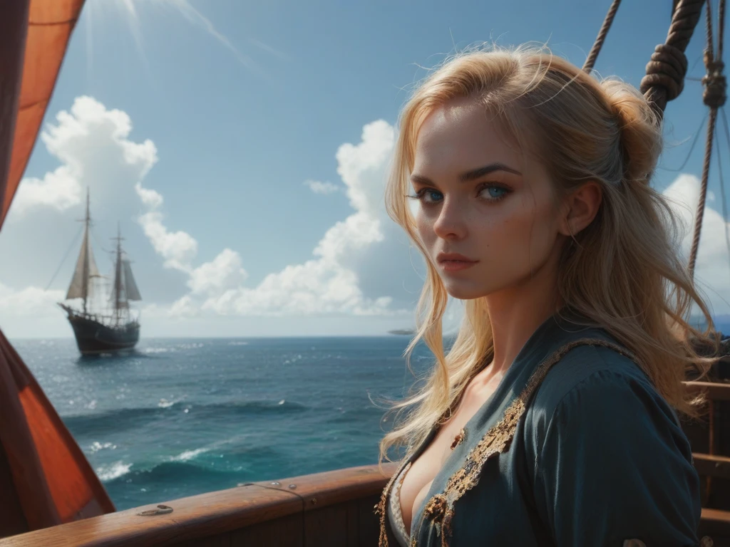 Frida Gustavsson, (((naked))), (((on an 16th century galleon))), shy, worried, hiding, ((face blushing)), (((hands between legs))), (minimal jewelry), choker, (((embarrassed pose))), Victorian braids, angry, perfect tan