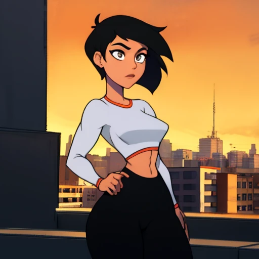 Masterpiece, Best_QualityPos, RAW photo, beautiful face, intricate details, best quality, 8k uhd, soft lighting, 1girl, solo, grey eyes, very short black hair, bob cut, light-skinned, short hair, standing up, beautiful female anatomy, tight long white sleeve shirt, black yoga pants, short breasts, abs , background: rooftop, Lois Lane