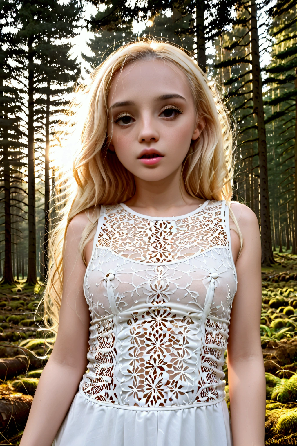 closeup portrait, sexy SSblonde hair, parted lips, lips, casual dress, looking at viewer, forest background, sunset lights, realistic