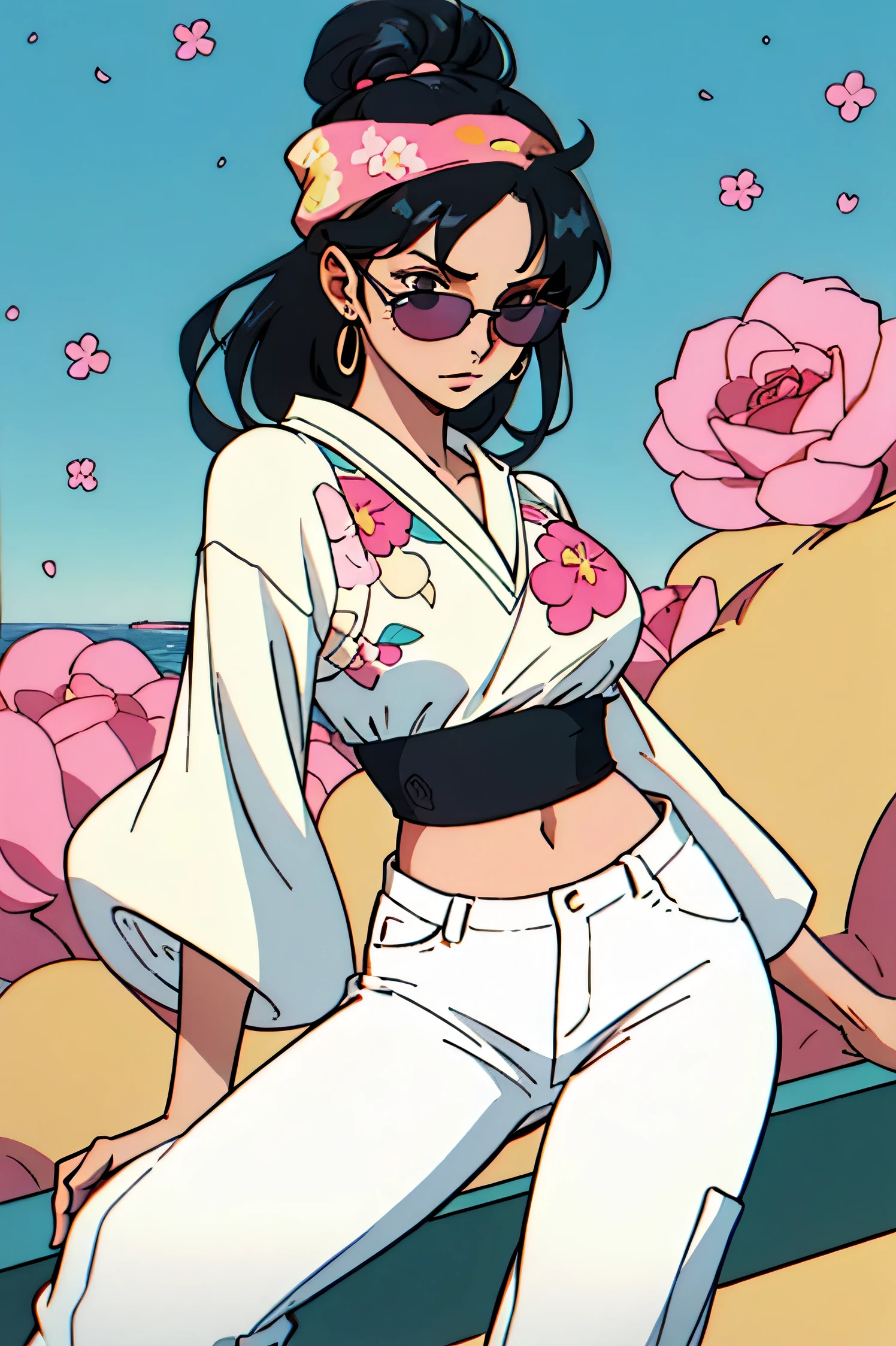 High-quality image of a young woman dressed in a relaxed 1960s-inspired style with a subtle hippie vibe. She has short black hair under a floral bandana, with rectangular sunglasses concealing her eyes. Her top features a floral pattern, and she wears low-rise, white flared pants that cover her calves, leaving her midriff exposed. The look is completed with boots, giving her a laid-back but confident appearance. In the background, the sea stretches out, adding a natural, serene touch to the scene.