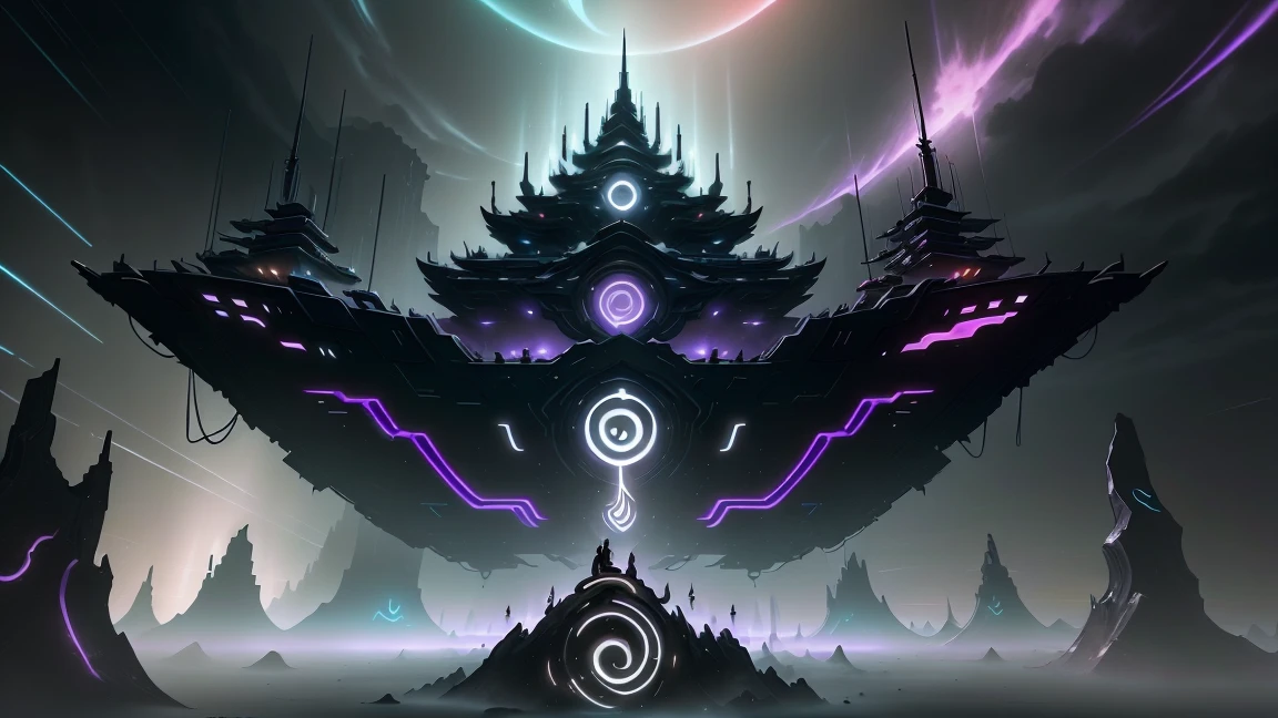 cyberpunk, (((black, cyberpunk)))), Glowing Purple, GlowingRunes_purple, (( yinyangtech , Abyssaltech, dark energy)),  magic runes , (((No peoples))).  floating islands,  islands in the sky ,  peace garden ,  ships in the air , peace of mind , meditation