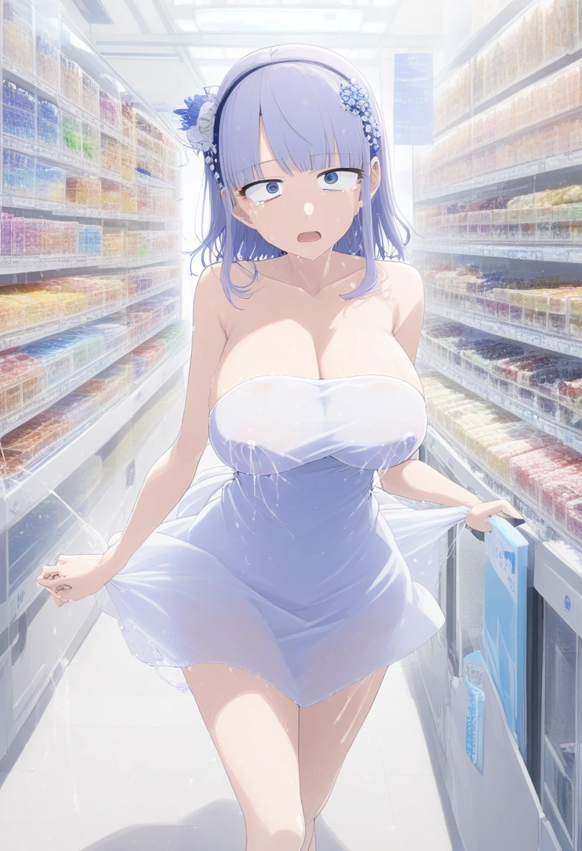 (1girl, solo:1.5), long hair, purple eyes, purple hair, bangs, smile, symbol-shaped pupils, multicolored hair, star-shaped pupils, ,nsfw , large breasts, nipple, Walking, , crying,, ,ShoppingMall ,solo, frozen, , , Naked, Blind ,Temptation, Blank look, empty eyes, , Peeing, lactation, projectile lactation (Sweating profusely, Love juice, Wet Woman, female ejaculation) 悲しみ