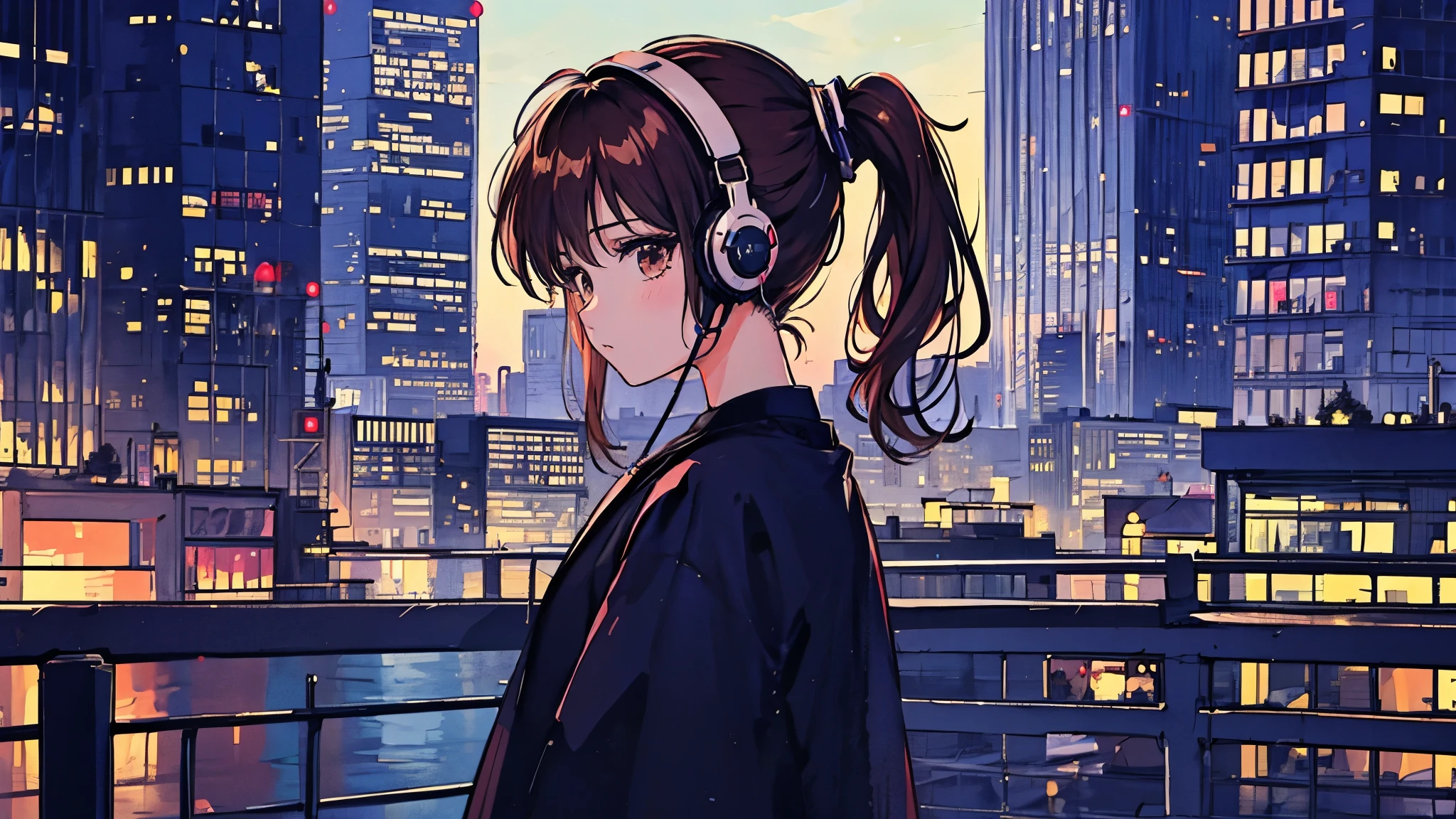 brown ponytail hair, Black clothes, 横を向いている大peopleの女性1people , blue headphones 、 City of Knight , Delicate background 、masterpiece、Knightタウン、 Knight 、dark、 nostalgic、Do your thoughts