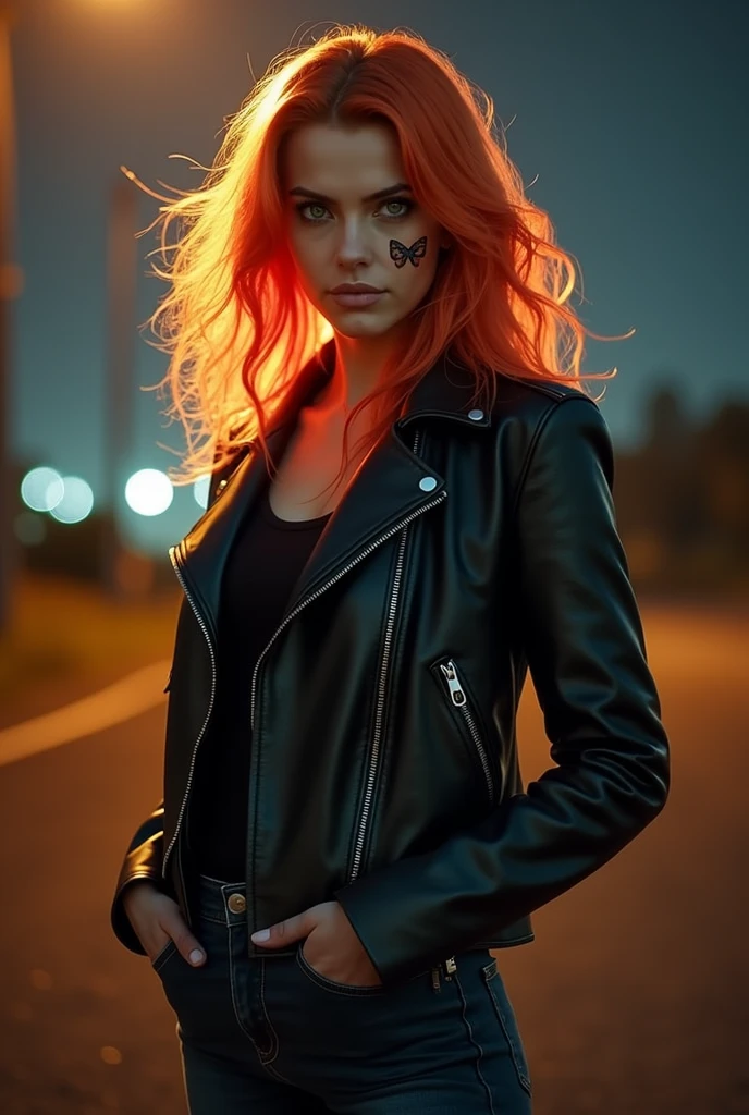 Make me a cute 16 year old with orange hair, a scar on the left cheek , black leather jacket and dark blue jeans with fire powers posing standing but intimidating in a night and abandoned landscape