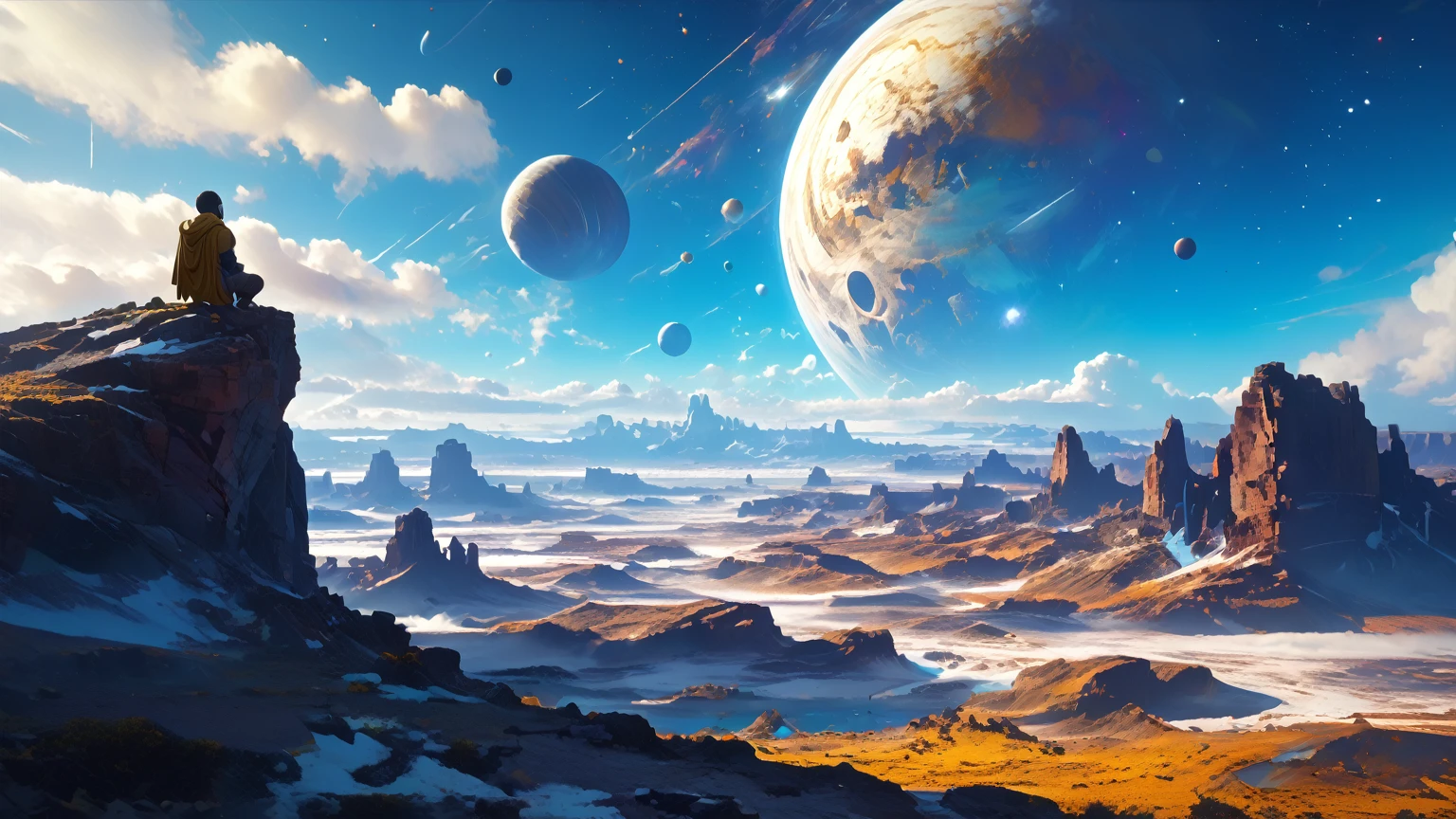 (close-up， best quality ,4K,8k, High resolution,masterpiece:1.2),ultradetailed,(realistic, photorealistic , photorealistic :1.37), Exotic and dreamy landscape , (Distant Planetary Sky,  A man wearing an old and shabby yellow Jedi costume ,  blue and purple clothes underneath his yellow cloak and hoodie, clouds, close-up sitting meditating on top of the mountain: 1.5),  Ringed planets floating in the sky , yin yang symbol on the back , no face, Illustration,  bright and twinkling stars , Stunning galactic background,  A sense of mystery and tranquility , Magical atmosphere, A happy and peaceful scene, Surreal and ethereal colors, Textured Landscape,  otherworldly environment , magnificent view,  Misty and mysterious atmosphere ,  dramatic lighting and shadows , unique rock formations,  An exhilarating sense of adventure ,  Inspiring natural wonders ,  Grandeur and sense of scale ,  Endless possibilities for exploration ，，