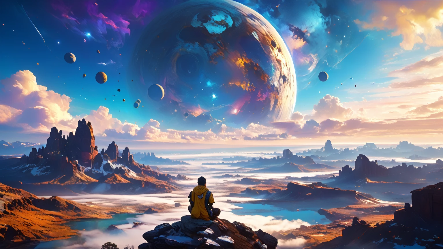 (close-up， best quality ,4K,8k, High resolution,masterpiece:1.2),ultradetailed,(realistic, photorealistic , photorealistic :1.37), Exotic and dreamy landscape , (Distant Planetary Sky,  A man wearing an old and shabby yellow Jedi costume ,  blue and purple clothes underneath his yellow cloak and hoodie, clouds, close-up sitting meditating on top of the mountain: 1.5),  Ringed planets floating in the sky , yin yang symbol on the back , no face, Illustration,  bright and twinkling stars , Stunning galactic background,  A sense of mystery and tranquility , Magical atmosphere, A happy and peaceful scene, Surreal and ethereal colors, Textured Landscape,  otherworldly environment , magnificent view,  Misty and mysterious atmosphere ,  dramatic lighting and shadows , unique rock formations,  An exhilarating sense of adventure ,  Inspiring natural wonders ,  Grandeur and sense of scale ,  Endless possibilities for exploration ，dragons in sky, chinese dragons in skys, various sizes and colors, ，