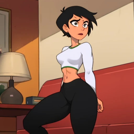 Masterpiece, Best_QualityPos, RAW photo, beautiful face, intricate details, best quality, 8k uhd, soft lighting, 1girl, solo, grey eyes, very short black hair, bob cut, light-skinned, short hair, standing up, beautiful female anatomy, tight long white sleeve shirt, black yoga pants, short breasts, abs , background: living room, on the couch, Lois Lane