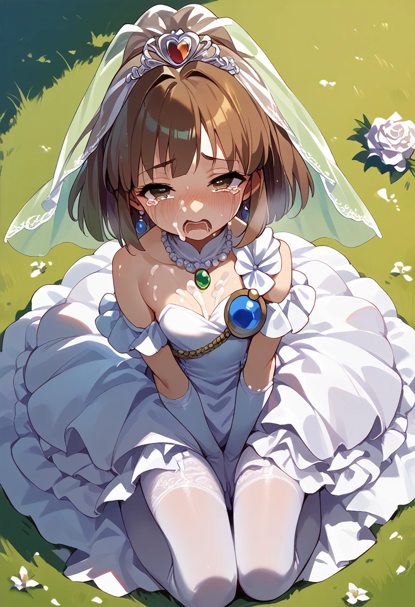 masterpiece, Hi-Res,Best Quality,8k
(arle nadja,Petite,Small breasts)(wedding dress,bridal veil)orgasm,Crying, from above,Sit on the ground, Massive Bukkake