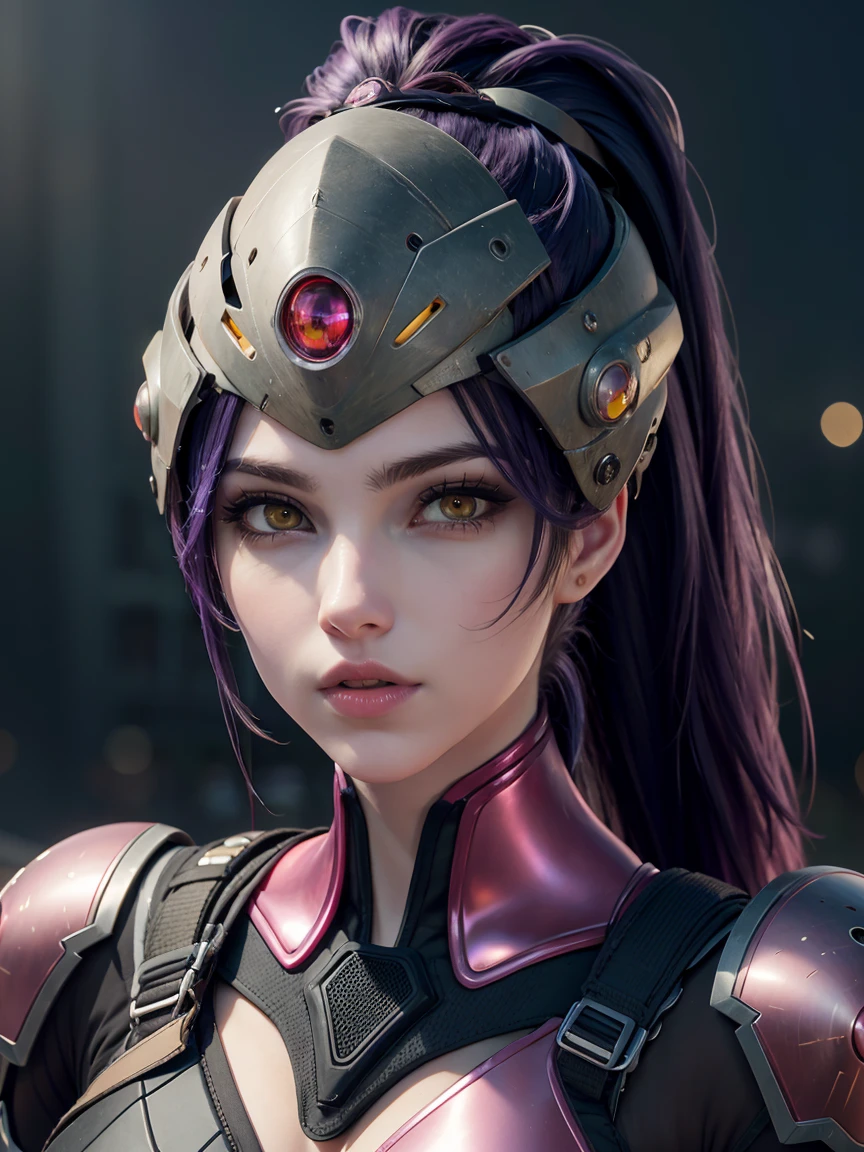 A stunning and intricate full color Ultra-HD portrait, young girl, long purple hair with ponytail, yellow eyes, perfectly detailed face,(head mounted visor), tight fitting pink and black armor, epic character composition, alessio albi, nina masic, sharp focus, natural lighting. . , subsurface dispersion, f2, 35mm,