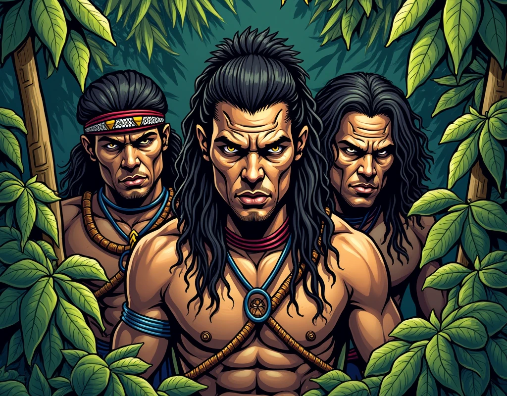 <lora:comic art (BlacknWhiteComics):0.9> 
a cartoon of a native American man holding a stick and bones while standing in front of his tribe, perfect face expression, different face expression, comic book style, comic art style, different character, different background, comic ink style, comic color style, adult comic style, graphic novel style, long hair, smile, black hair, holding, male focus, outdoors, multiple boys, sky, cape, torn clothes, night, headband, fire, star (sky), night sky, beard, starry sky, candle, tunic, torch, holding torch, native style