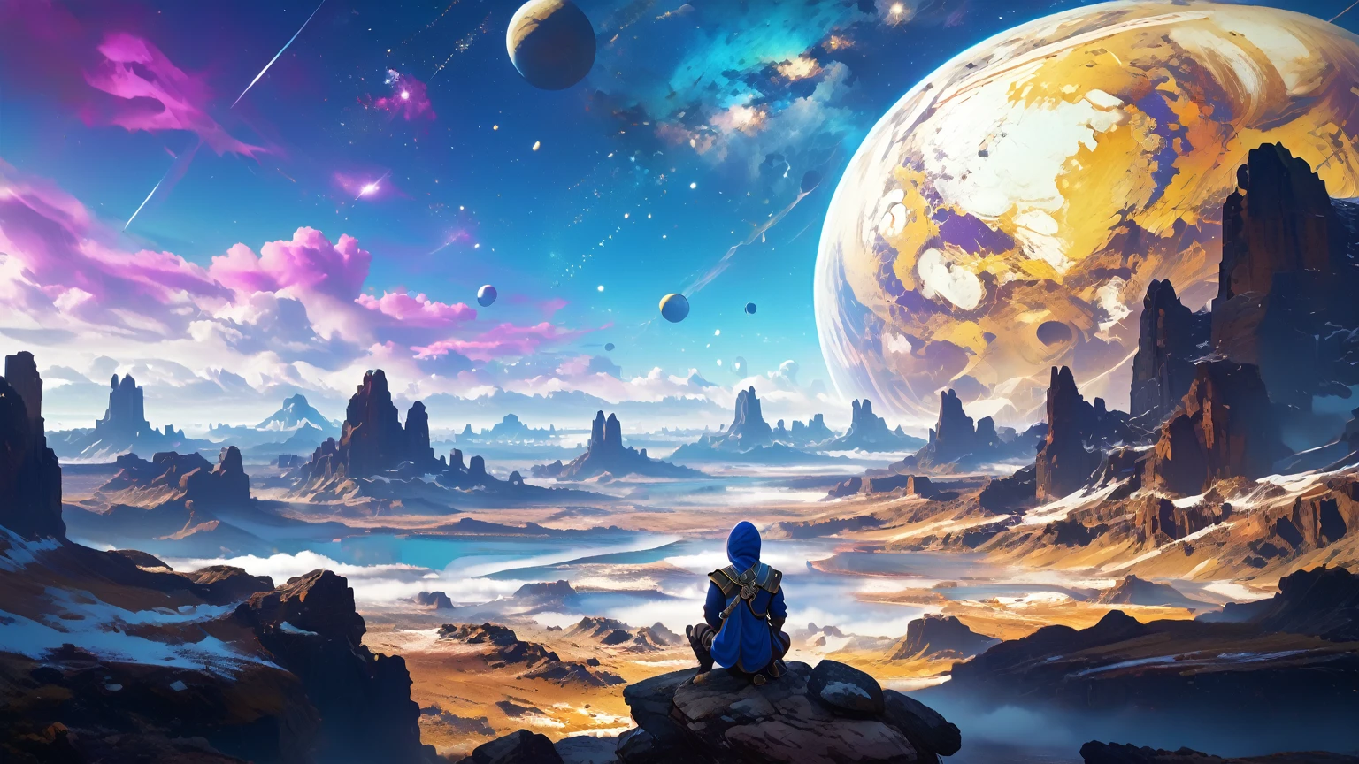 (close-up， best quality ,4K,8k, High resolution,masterpiece:1.2),ultradetailed,(realistic, photorealistic , photorealistic :1.37), Exotic and dreamy landscape , (Distant Planetary Sky,  A man wearing an old and shabby yellow Jedi costume ,  blue and purple clothes underneath his yellow cloak and hoodie, clouds, close-up sitting meditating on top of the mountain: 1.5),  Ringed planets floating in the sky , yin yang symbol on the back , no face, Illustration,  bright and twinkling stars , Stunning galactic background,  A sense of mystery and tranquility , Magical atmosphere, A happy and peaceful scene, Surreal and ethereal colors, Textured Landscape,  otherworldly environment , magnificent view,  Misty and mysterious atmosphere ,  dramatic lighting and shadows , unique rock formations,  An exhilarating sense of adventure ,  Inspiring natural wonders ,  Grandeur and sense of scale ,  Endless possibilities for exploration ，dragons in sky, chinese dragons in skys, various sizes and colors, ，