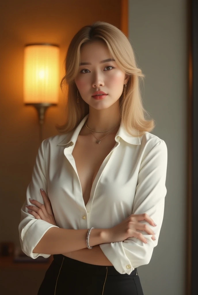 (hyperrealistic), (illustration), (high resolution), (8K), (extremely detailed), (best illustration), (beautiful detailed eyes), (best quality), (ultra-detailed), (masterpiece), ( wallpaper), (detailed face), solo, 1 girl, white wavy hair, korean, heterochromic eyes, small moles under the eyes, loose white shirt, yoga pants, big breasts, long legs, tight abs, camel toes, dynamic pose