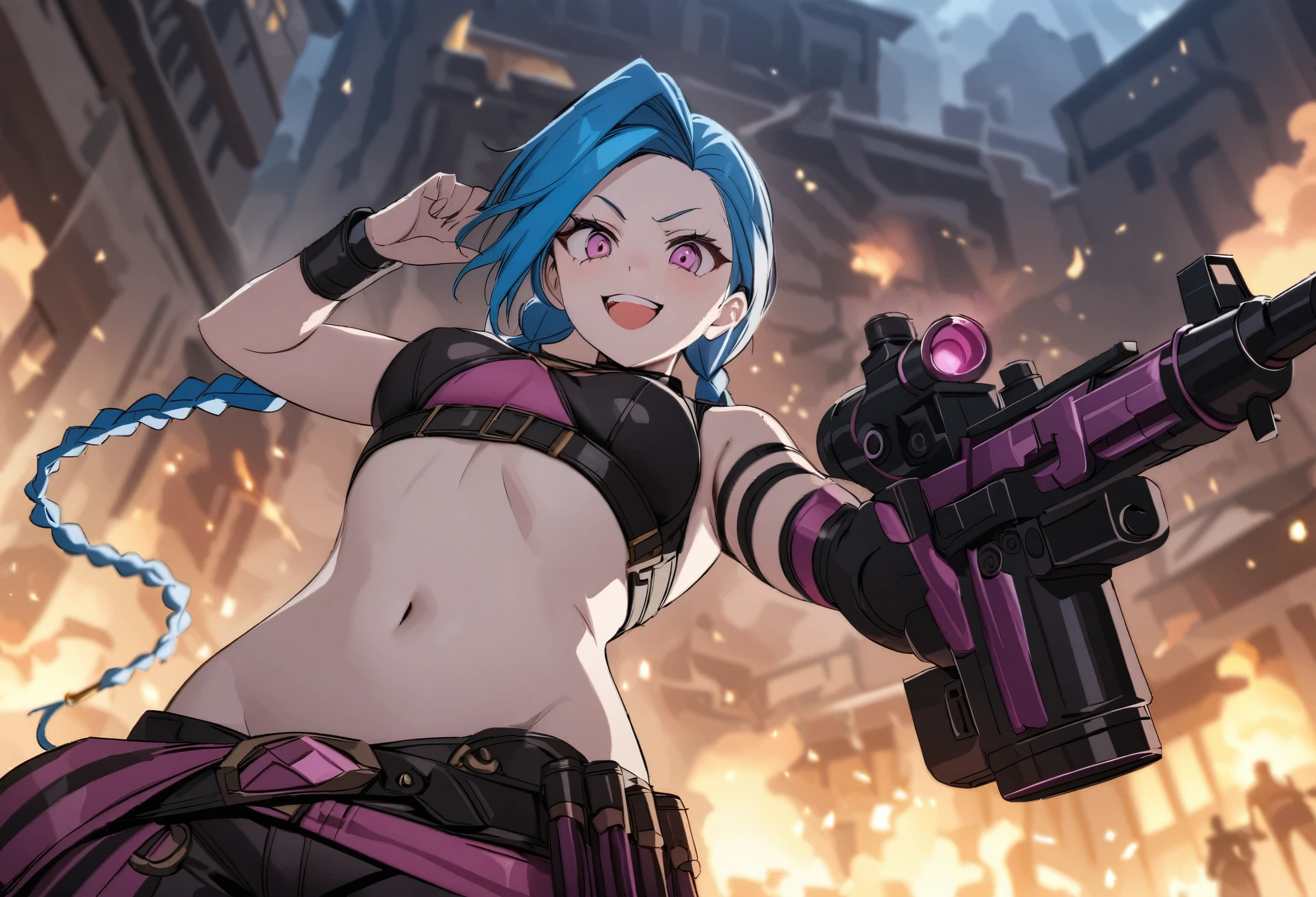 score_9, score_8_up, score_7_up, score_6_up, score_5_up, score_4_up, sauce_Anime, Best Quality, great quality, Very Pretty , absurd, League of Legends, 1girl, Jinx, laugh:1.5, street, mini gun, On Fire, from below, UHD, masterpiece, super detail, high details, best quality, highres, 8k