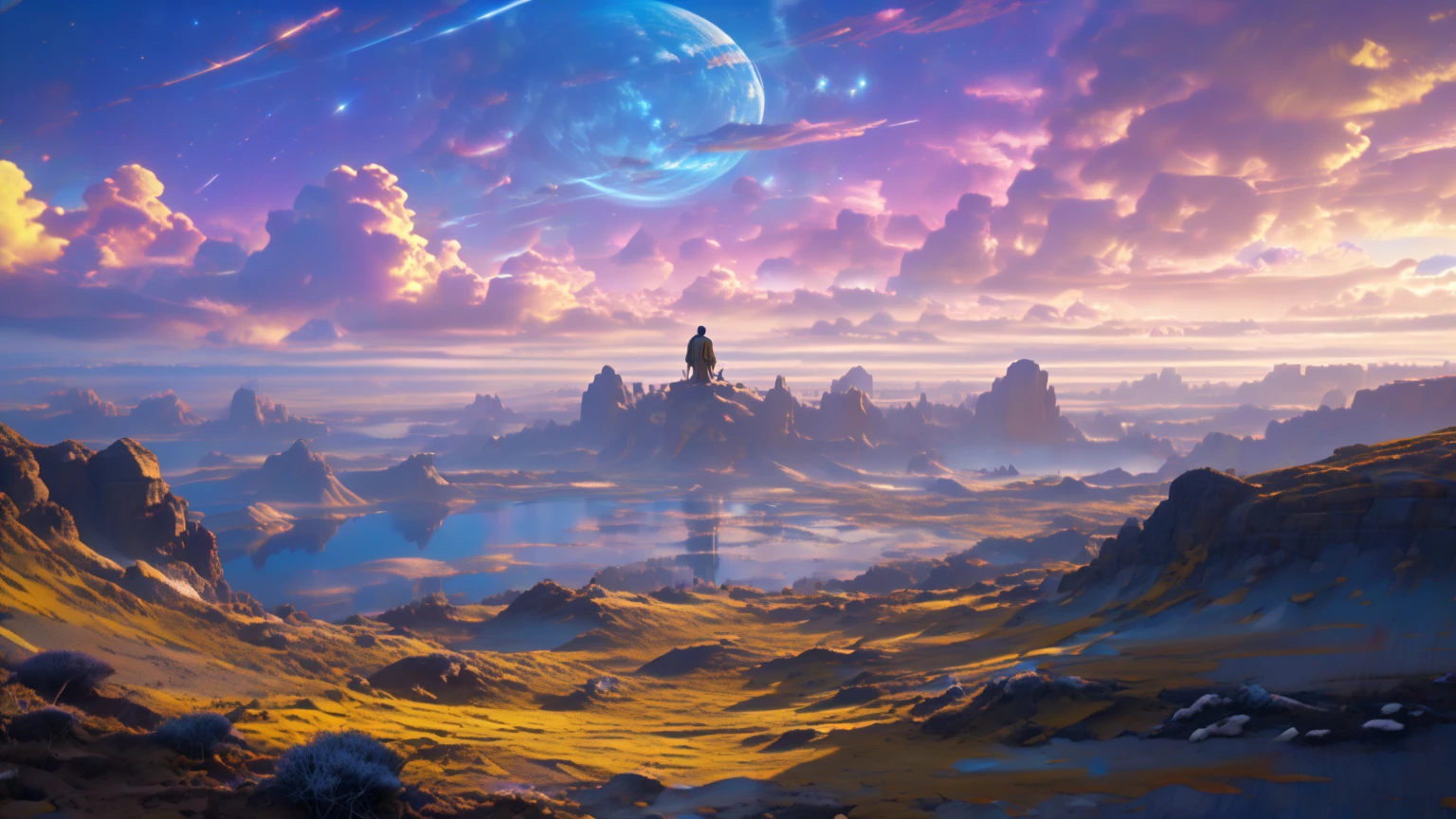 (close-up， best quality ,4K,8k, High resolution,masterpiece:1.2),ultradetailed,(realistic, photorealistic , photorealistic :1.37), Exotic and dreamy landscape , (Distant Planetary Sky,  A man wearing an old and shabby yellow Jedi costume ,  blue and purple clothes underneath his yellow cloak and hoodie, clouds, close-up sitting meditating on top of the mountain: 1.5),  Ringed planets floating in the sky , yin yang symbol on the back , no face, Illustration,  bright and twinkling stars , Stunning galactic background,  A sense of mystery and tranquility , Magical atmosphere, A happy and peaceful scene, Surreal and ethereal colors, Textured Landscape,  otherworldly environment , magnificent view,  Misty and mysterious atmosphere ,  dramatic lighting and shadows , unique rock formations,  An exhilarating sense of adventure ,  Inspiring natural wonders ,  Grandeur and sense of scale ,  Endless possibilities for exploration ，dragons in sky various sizes and colors, ，