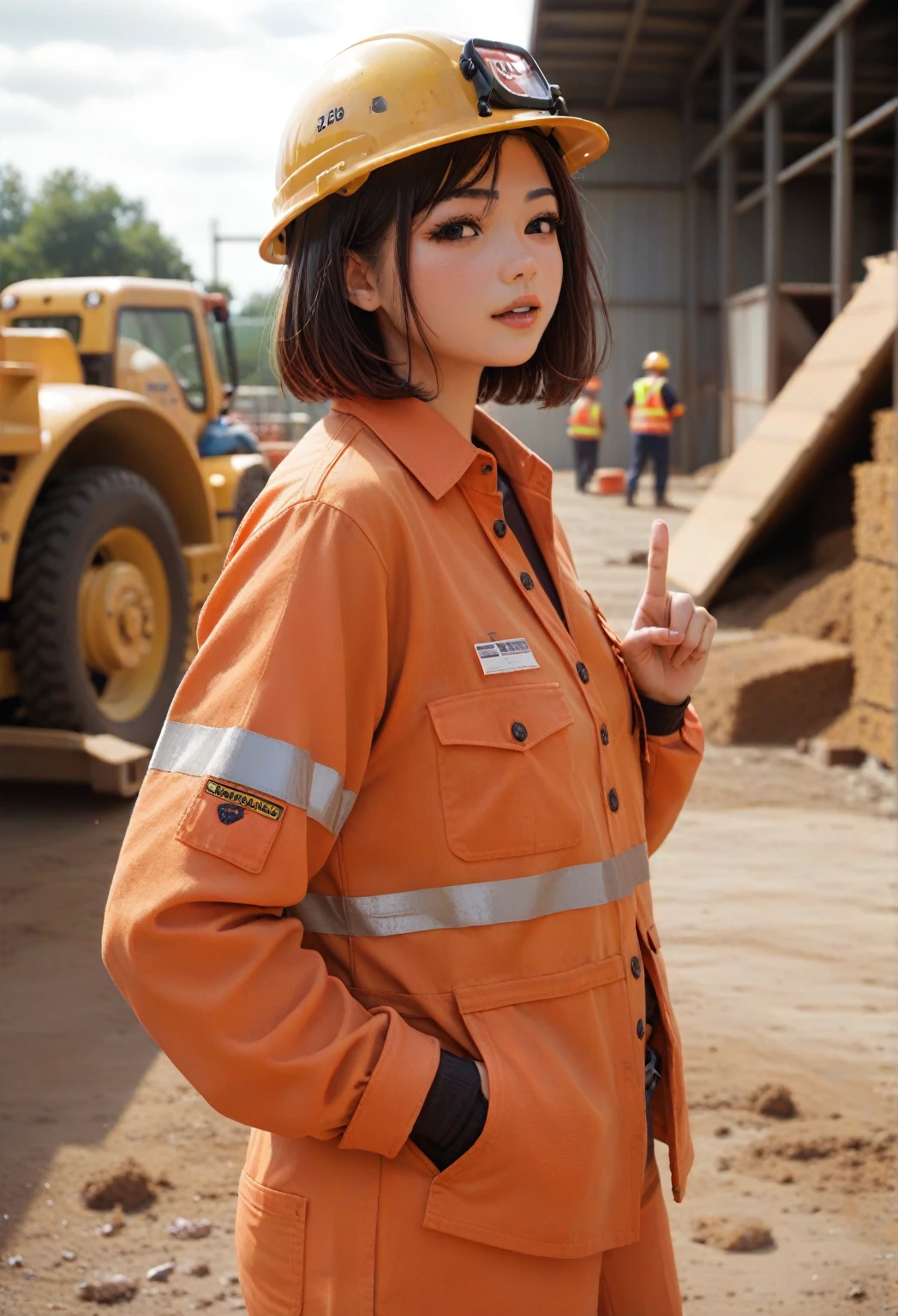   beautiful adult woman , 30 years old,  Hi-Res ,超  Hi-Res , Natural Light, Natural look ,  bob cut from the front, helmet ,Construction worker, Work clothes,  Long Sleeve , Wide angle of view, construction site, 日中はNatural Lightが入る, Side view, Is giving instructions, I have the documents, Pointing into the distance