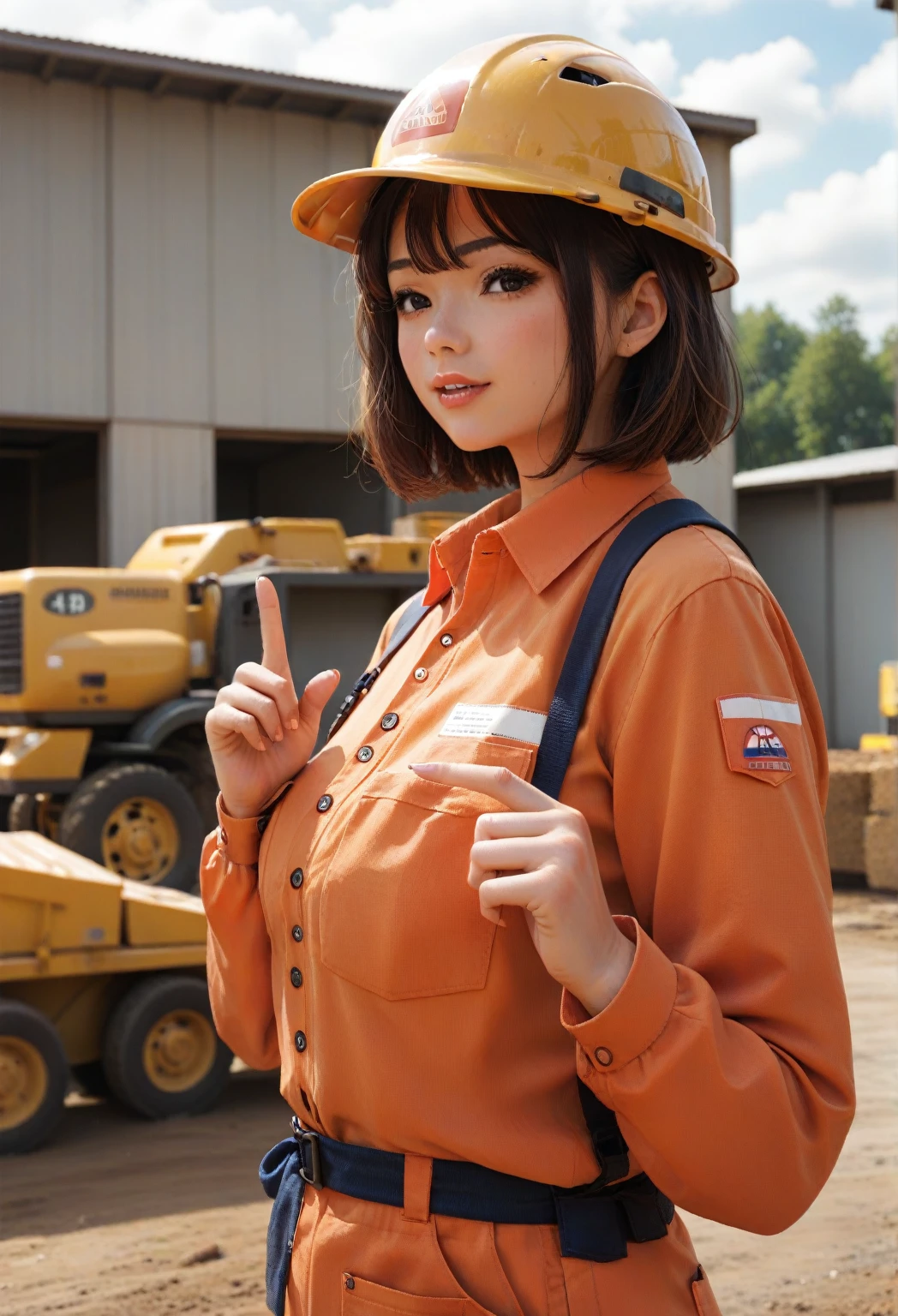   beautiful adult woman , 30 years old,  Hi-Res ,超  Hi-Res , Natural Light, Natural look ,  bob cut from the front, helmet ,Construction worker, Work clothes,  Long Sleeve , Wide angle of view, construction site, 日中はNatural Lightが入る, Side view, Is giving instructions, I have the documents, Pointing into the distance