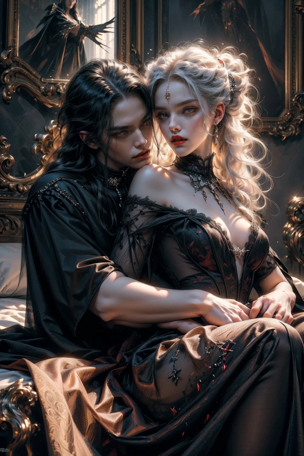 (beautiful vampire woman, pale skin, very long white hair, (yellow eyes), black gown, black victorian dress, piercing look, red lipstick, laying on the bed, hug a handsome man with black hair, 4k, 8k, highres, masterpiece:1.2, ultra-detailed, realistic, photorealistic:1.37, HDR, UHD, studio lighting, ultra-fine painting, sharp focus, physically-based rendering, extreme detail description, professional, vivid colors, bokeh, portraits)