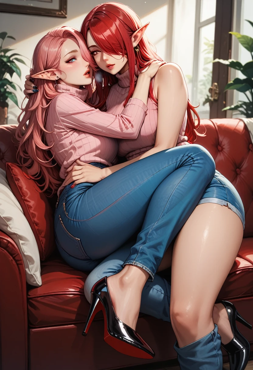 score_9, score_8_up, score_7_up, 2girls {Afemale_and_Bfemale}, Tag1: {Afemale: Adult, Mature, Curvy, Elf Woman: 1.3, (Long Red Hair over one eye: 1.6), wearing a (Long Sleeve Turtleneck Shirt with Blue Jeans and Black Stiletto High Heels: 1.3), (Bare Arms: 1.3), curvy: 1.3} and Tag2: {Bfemale: Adult, Curvy, Mature, Elf Woman: 1.3, (Long Pink hair over one eye: 1.3), wearing a (Pink Long Sleeve Turtleneck Shirt with Blue Jeans and Pink Stiletto High Heels: 1.3), (Bare Arms: 1.3), curvy: 1.3}, Lying on back on sofa, Arms around waist, hand in hair, about to kiss, Mouth Open, Breath Visible, eyes half open, leg lock around waist: 1.3, Medium Breasts: 1.3, (Close-up_from_side: 1.1),