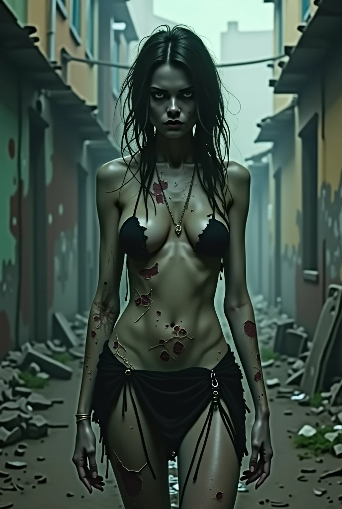 Young, beautiful zombie girl, stands on the street of a deserted city completely naked, deathly pale skin. Beautiful not thin body. A busty woman, Beautiful legs. beautiful figure, long hair, 
Is on my knees,
A collar with a leash on his neck Walks along the streets of an abandoned city,