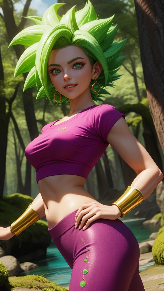 1 girl, Alone, eyes of water, green hair, pelo de punta,  Super Saiyan,  super saiyan 1, green earrings,
Diafragma, pink top, short sleeve,  crop top, short sleeve, purple skirt, gold bracelets, skin tight, pink stockings, 
smile,boca cerrada,((retrato de longitud corporal completa)),
forest,outdoor,
( warhammer art ,  beautiful detailed face, masterpiece,  Best quality ) Iluminación cinematográfica,HD model,