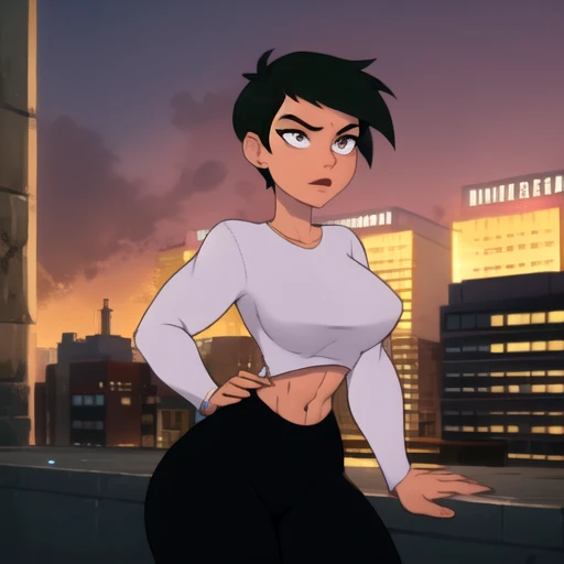 Masterpiece, Best_QualityPos, RAW photo, beautiful face, intricate details, best quality, 8k uhd, soft lighting, 1girl, solo, grey eyes, very short black hair, bob cut, light-skinned, short hair, standing up, beautiful female anatomy, tight long white sleeve shirt, black yoga pants, short breasts, abs , background: rooftop, Lois Lane (face pic)